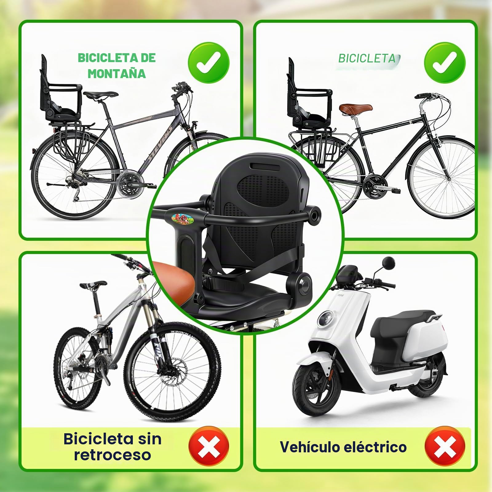 auvstar Silla Bicicleta niño Trasera,Asiento Trasero de Bicicleta con Respaldo,Ajustable para Sentarse o Reclinarse,Cojín de Asiento de PU con Barandillas de Seguridad y Reposapiés