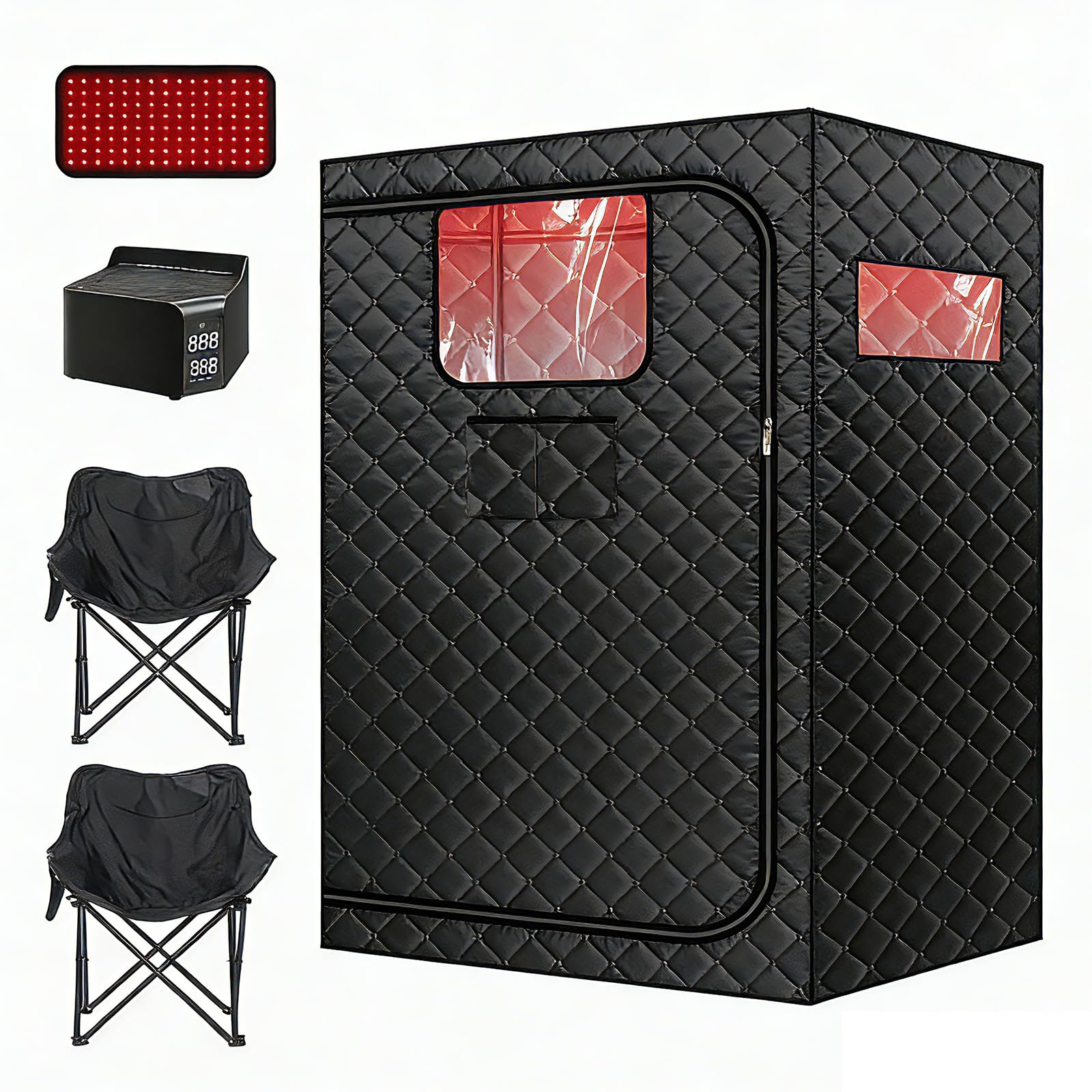 Upgraded Hot Air Sauna, 1 or 2 Person Sauna Tent, 1500W &amp; 159°F Portable Dry Wind Saunas, with 660nm Red Light, 2 Folding Chairs, X-Large Full Size Indoor SPA Tent for Body Recovery（110V）
