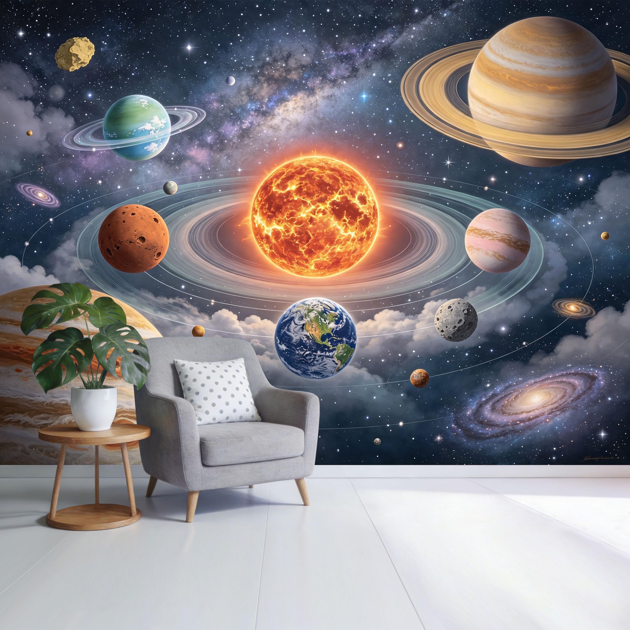Custom Size Wall Mural Outer Space Planets Galaxy 3D Trompe L'Oeil Removable Self Adhesive Fabric， Home Wall Decor for Living Room Bedroom Bathroom Wall Art