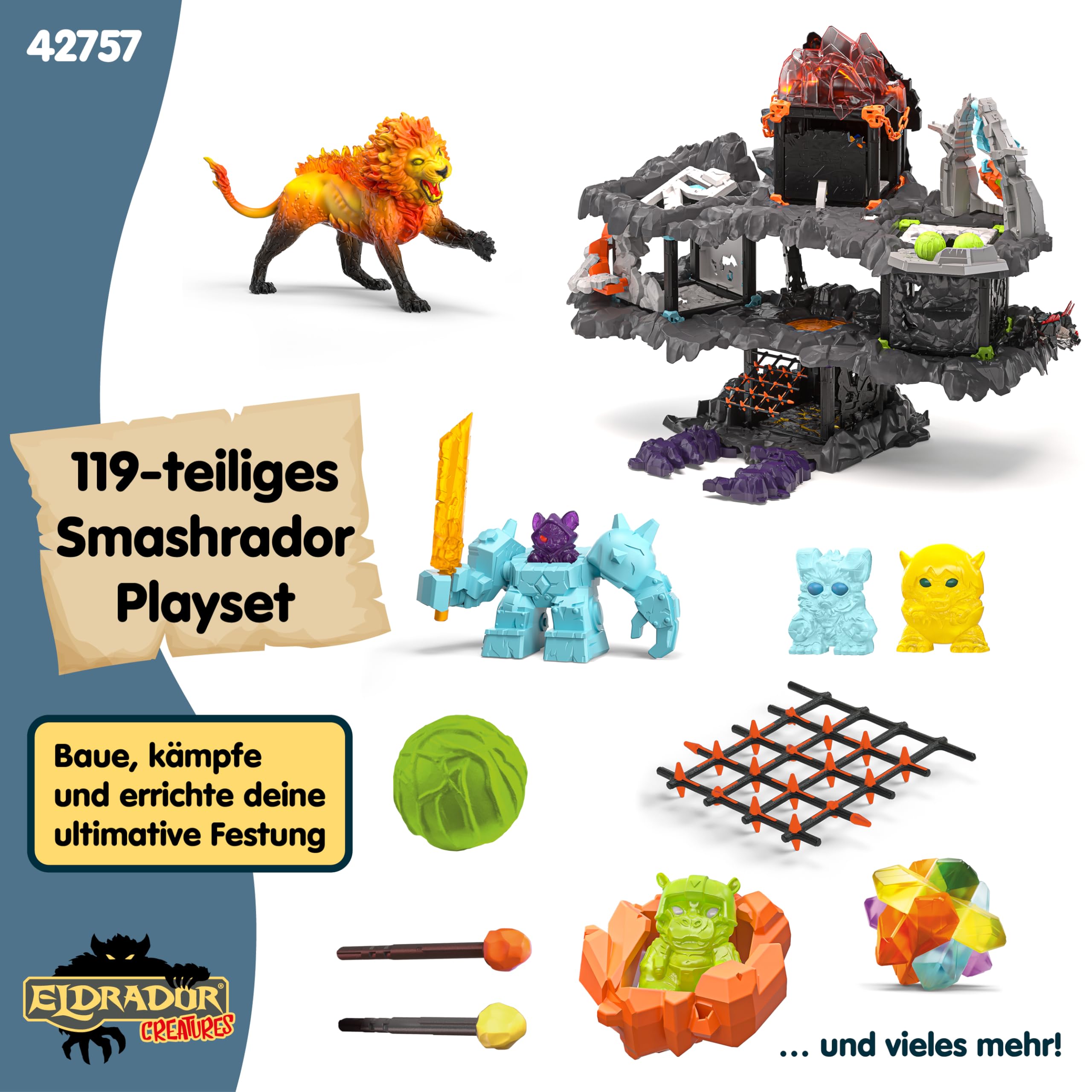 schleich ELDRADOR | MasterCave Smashrador 42757 | ab 6 Jahren | 119 Teile | Set aus 4 x ELDRADOR Battle Cave, 4x Minis, Roboter, Lavalöwe & Superkristall | mit vielen Funktionen & Zubehör