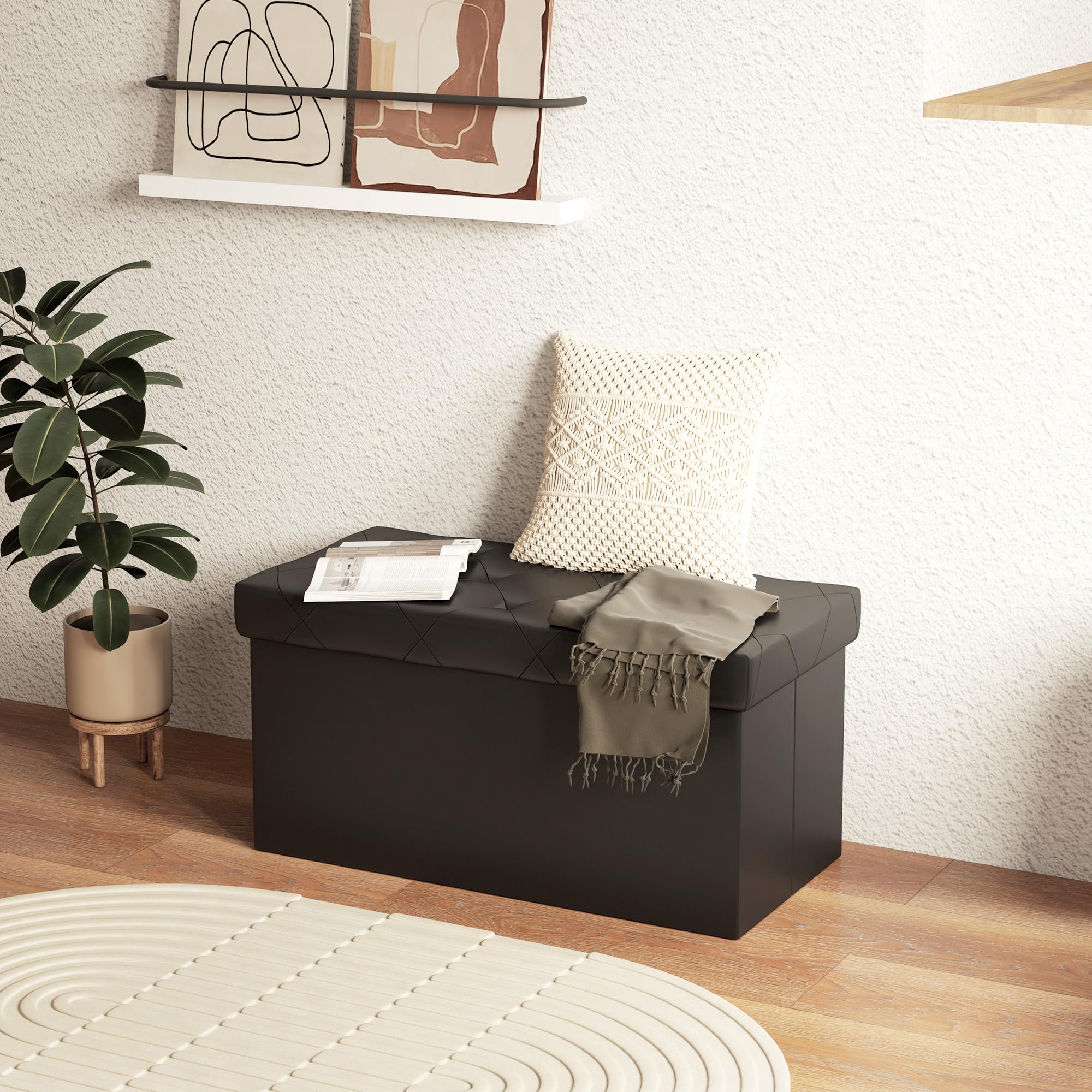 HOMCOM Panca Contenitore Pieghevole da 84L, Panca Fondoletto con Coperchio Imbottito e Rivestimento in Pelle PU, 76x38x38cm, Nero