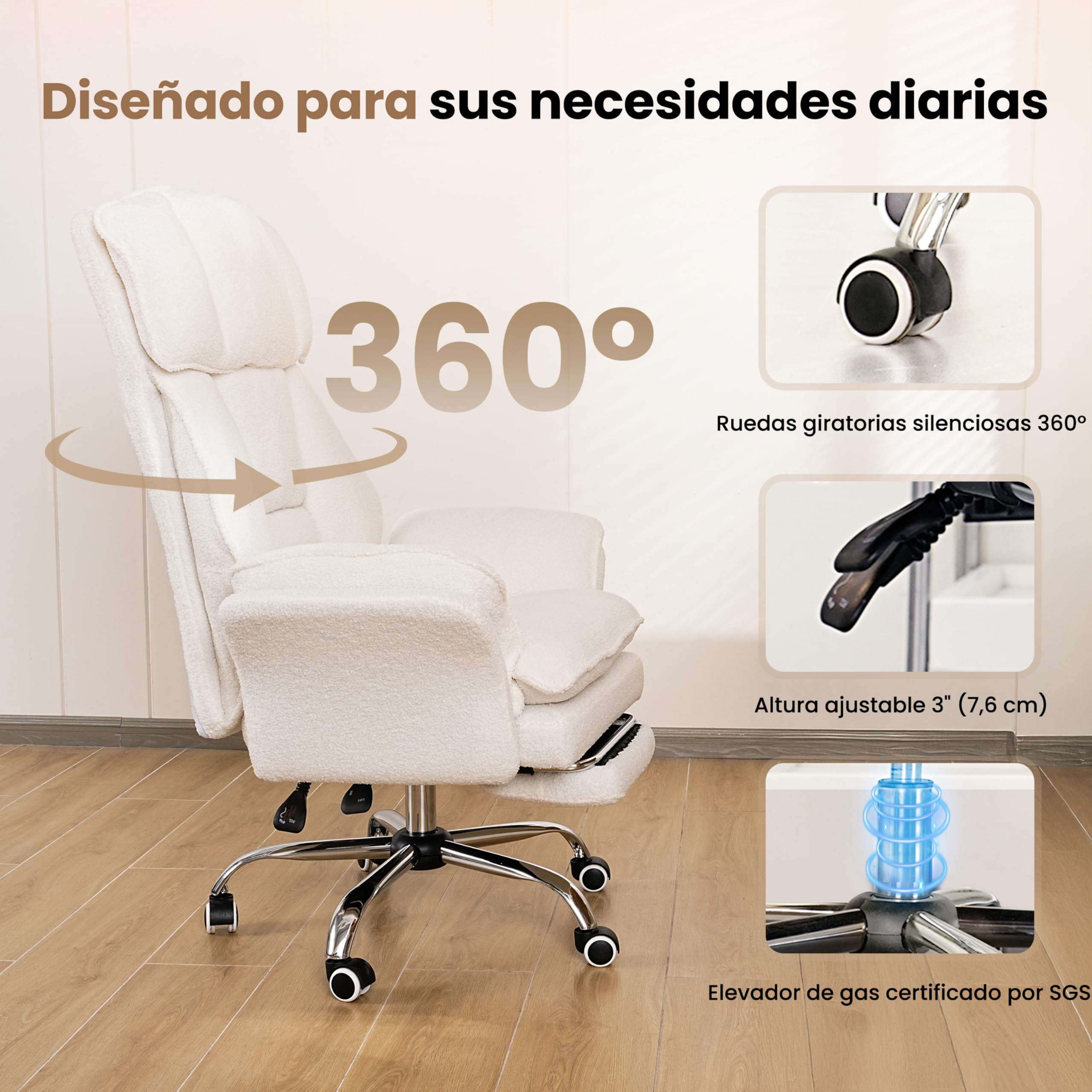 HOMRELEXA Silla de Oficina Ejecutiva Ergonómica Grande y Alta, con Reposapiés, Reposabrazos Abatibles y Respaldo Alto, Felpa de Pelo Rizado - Blanco