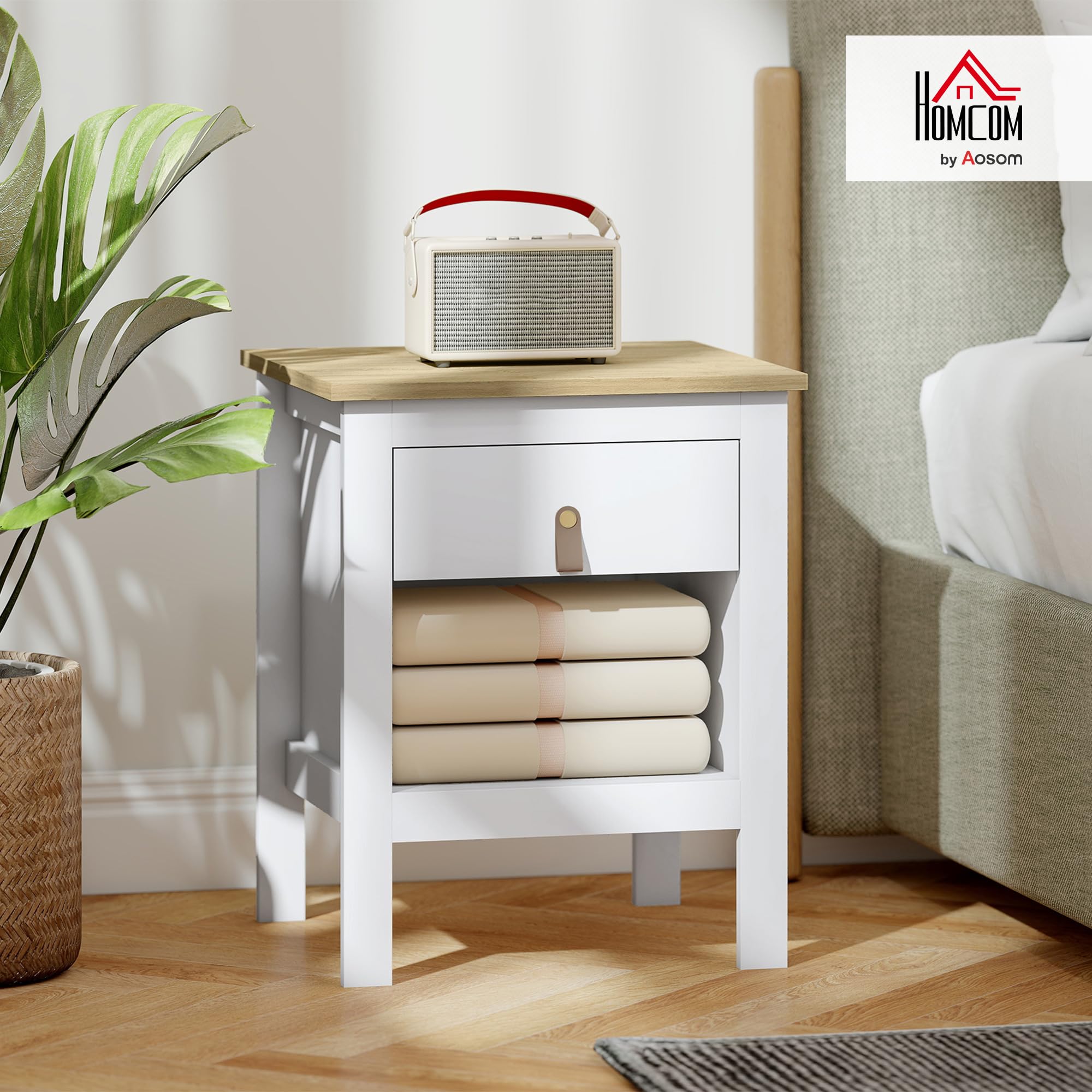 HOMCOM Mesita de Noche Moderna con Cajón para Salón 45x40x55 cm Blanco