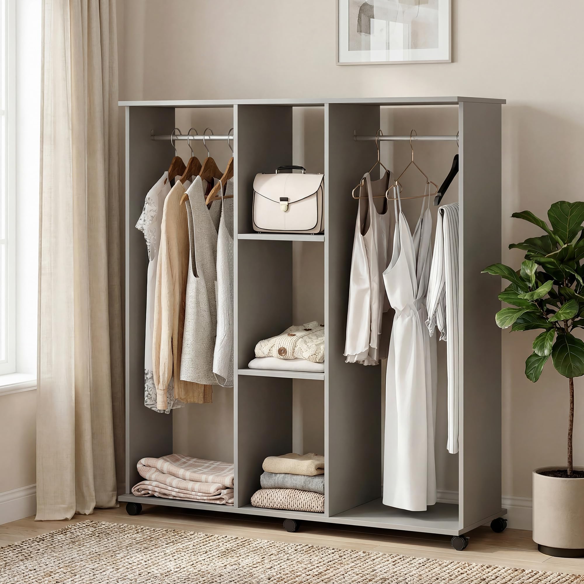 HOMCOM Armoire Penderie Meuble de Rangement Mobile 6 roulettes 120L x 40l x 128H cm en Bois Gris