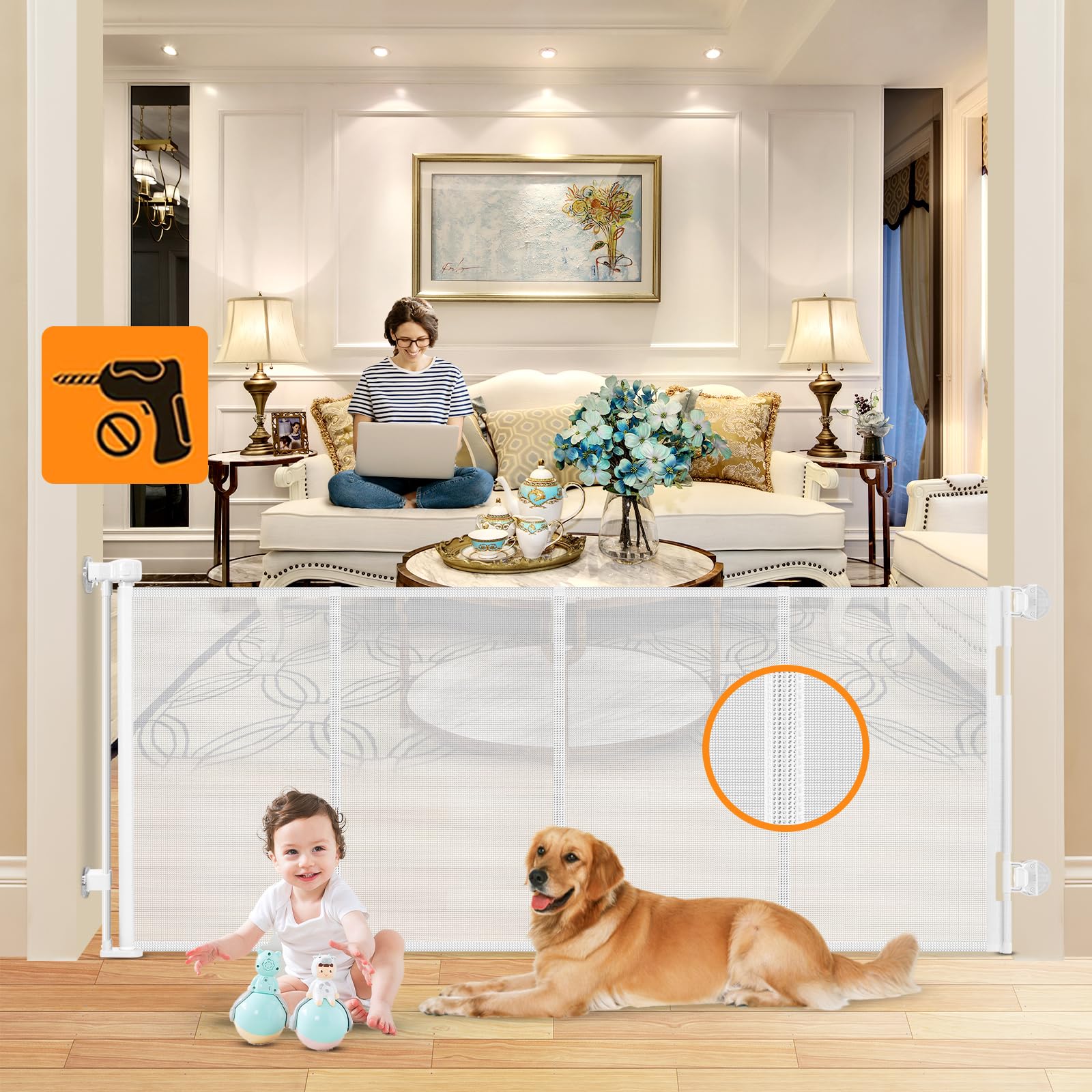 reinforced 80β no drill retractable baby gates no drilling mesh dog gate with support rods to prevent bottom escape extra long baby gate retractable pet gate for stairs no drilling indoor safety gates