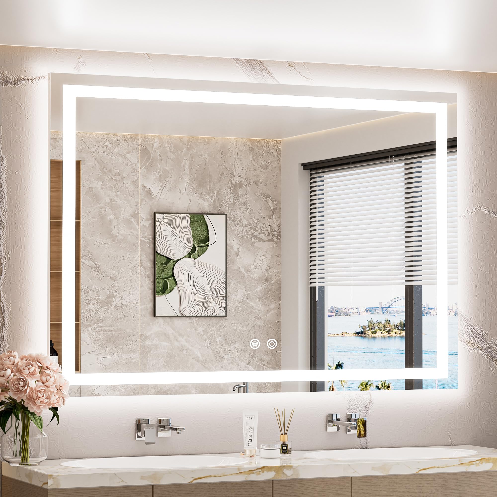 TETOTE LED Bathroom Mirror with Lights 48 x 36 Brighter Light up Mirror for Bathroom Vanity, Front and Backlit Lighted Antifog Mirror Wall Mounted, 3-Color Dimmable, Waterproof, Tempered Glass