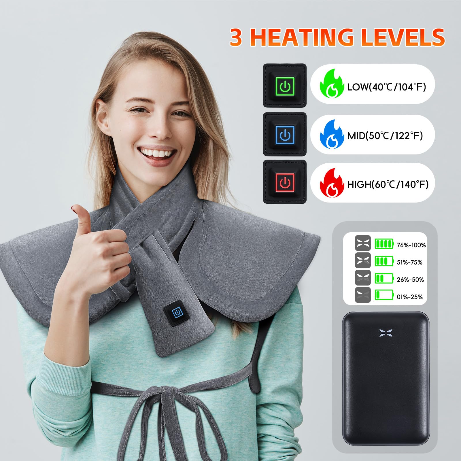 Graphène Coussin Chauffant pour Cou et Dos avec Batterie 10000mAh, Coussin Chauffant Électrique Avec 3 Niveaux Réglage Température, Fonction D'arrêt Automatique