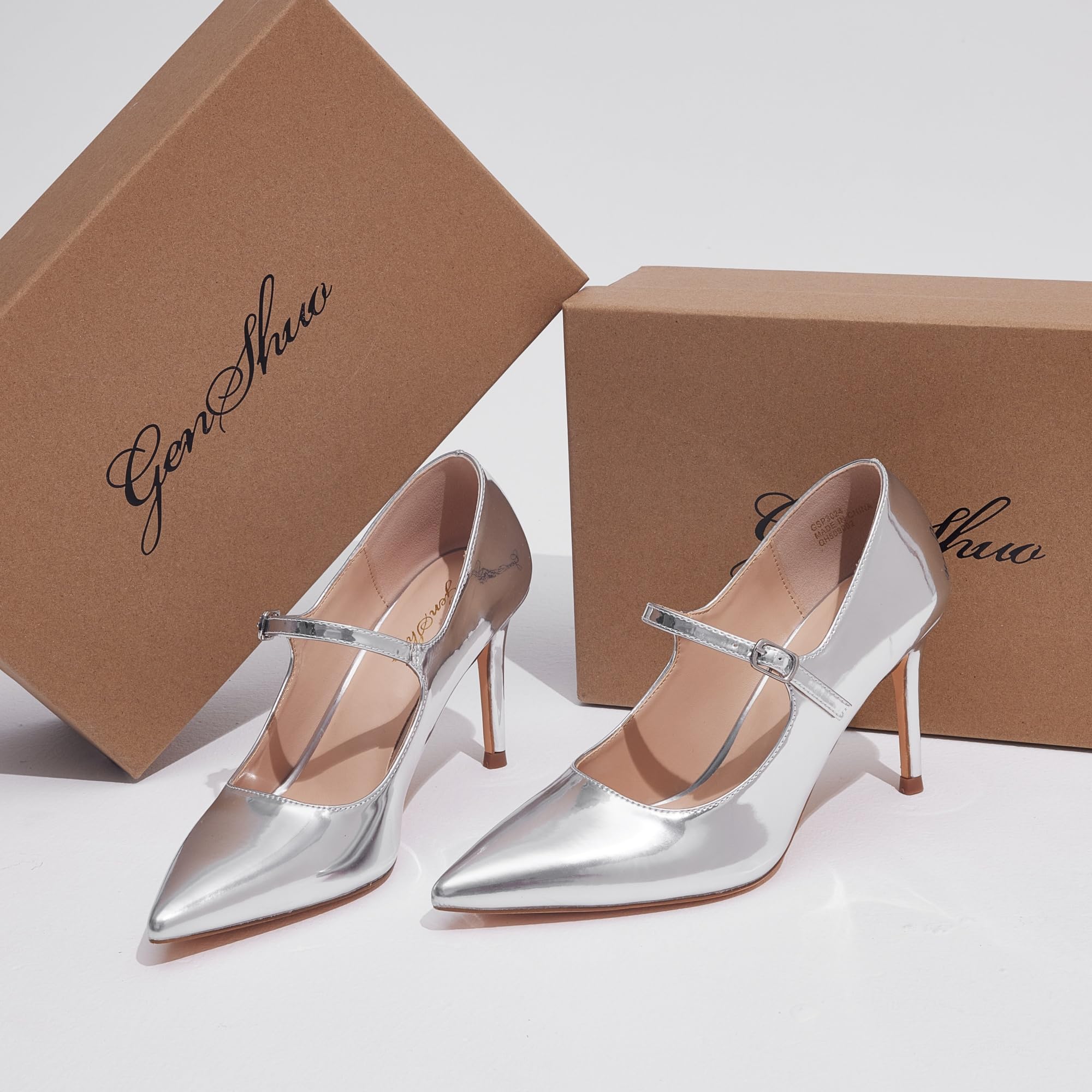 GENSHUO Zapatos de Salón Mary Jane para Mujer, Tacón de Aguja 8 cm, Punta Fina, Cuero Charol, Elegantes y Cómodos para Oficina, Fiesta, Diseño Vintage