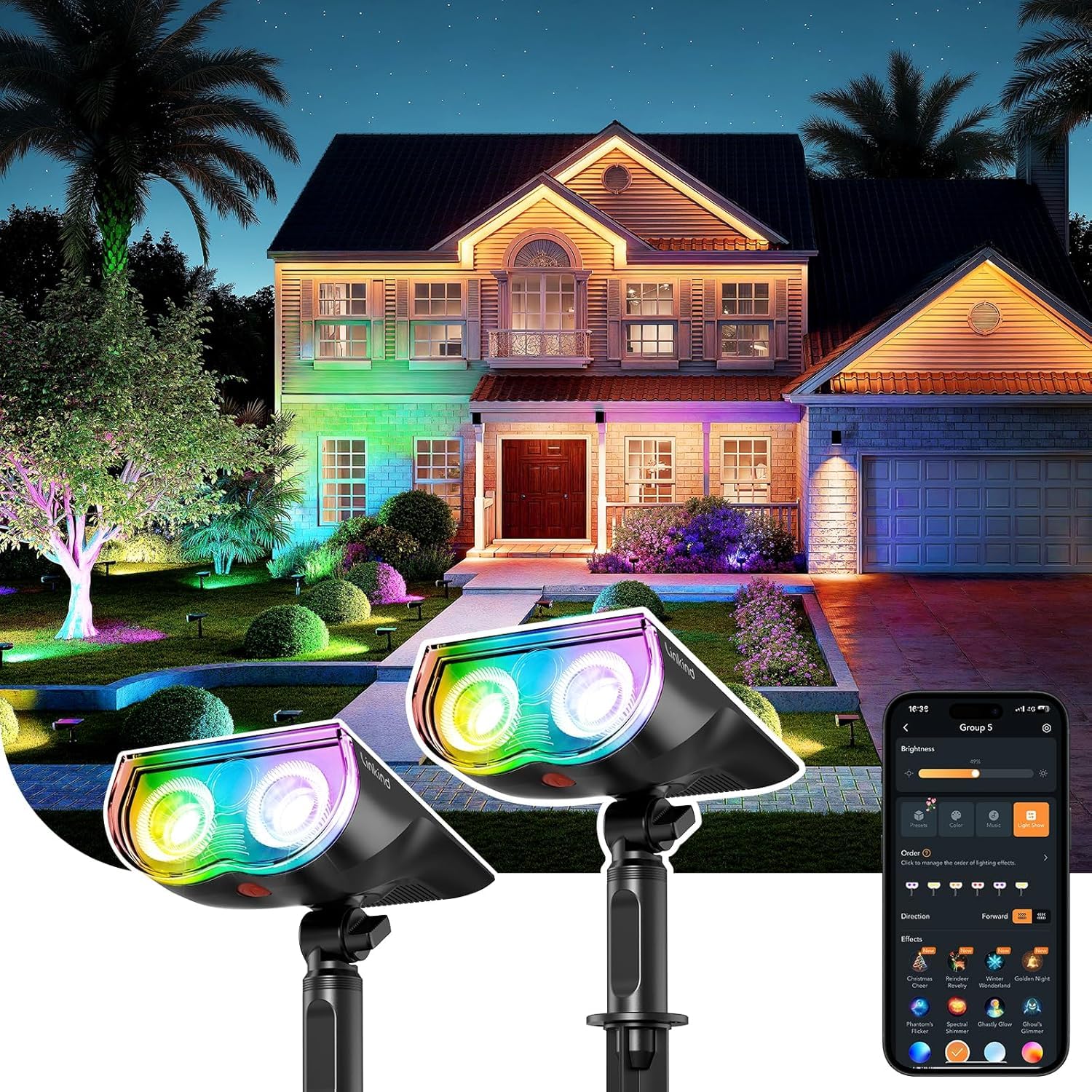 Linkind Smart RGB Solarleuchten – App Steuerung & Musik Sync, 16 Mio. Farben, MPPT Tech, IP67 Wasserdicht, Bunt Gartenstrahler für Garten, Patio, Party, 2 Stück