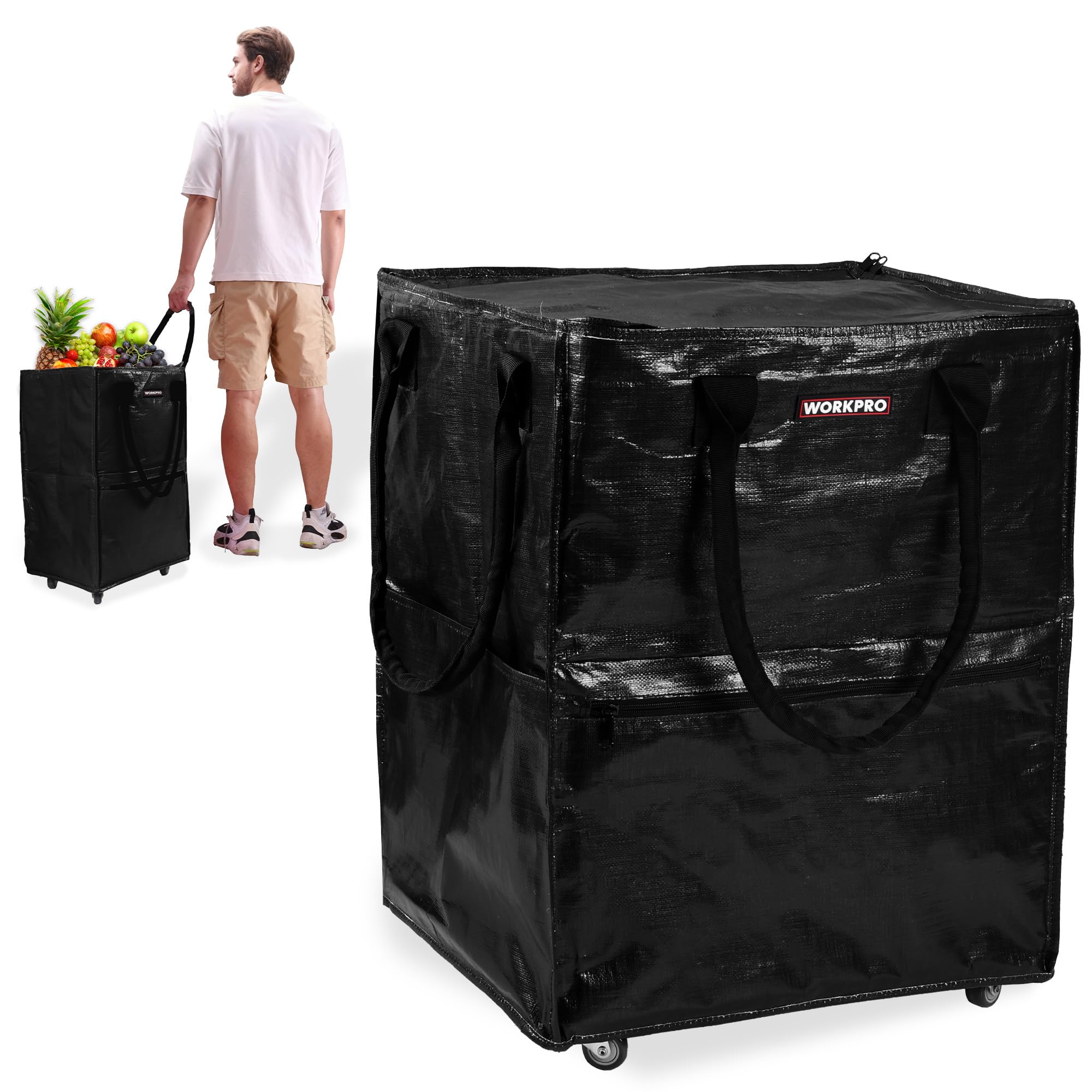 workpro large reusable grocery bag on wheels, heavy duty rolling shopping tote with handle, folding trolley on 5 caster wheels for groceries, laundry, camping, moving