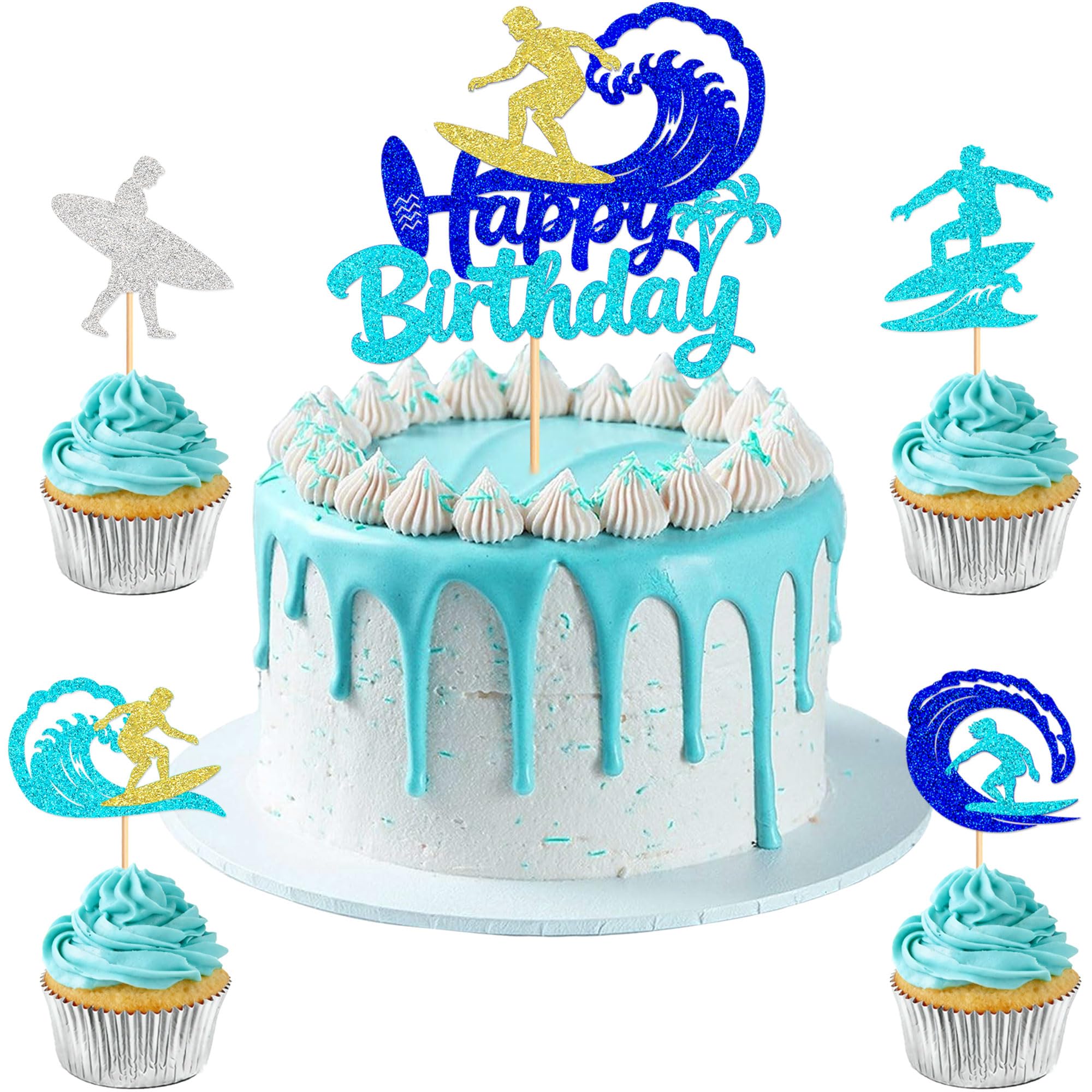 Pack of 25 Surfing Happy Birthday Cake Toppers, Blue Waves Glitter Muffin Picks for Surfer Birthday, Summer Beach Surfboard Party Decoration, Ocean Sports Party Cake Decoration — image 1
