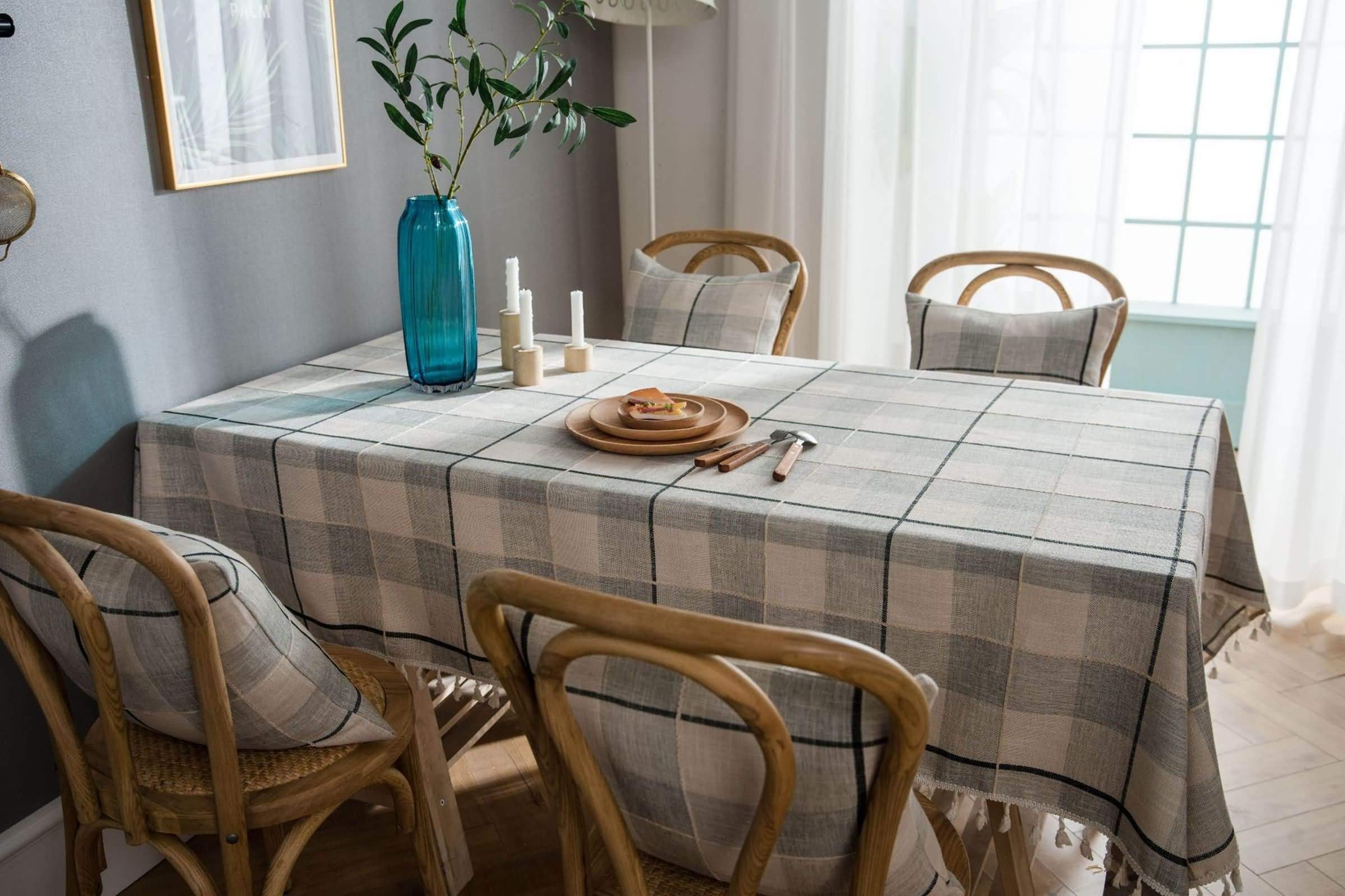 Nappe Gris Carré Extérieur Antitache, Motif à Carreaux avec Glands, Mélange Coton et Lin, 140 x 140 cm, Nappe pour Jardin et Terrasse