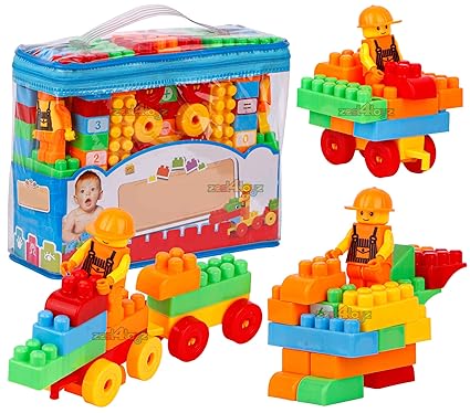 Zest 4 Toyz Building Blocks 73 Pcs (61 Blocks+12 Wheels) Diy Interlocking Blocks Puzzle Toy Set Construction Creative Stacking Playset Blocks Toys Set For Kids-Multcolor,Multi
