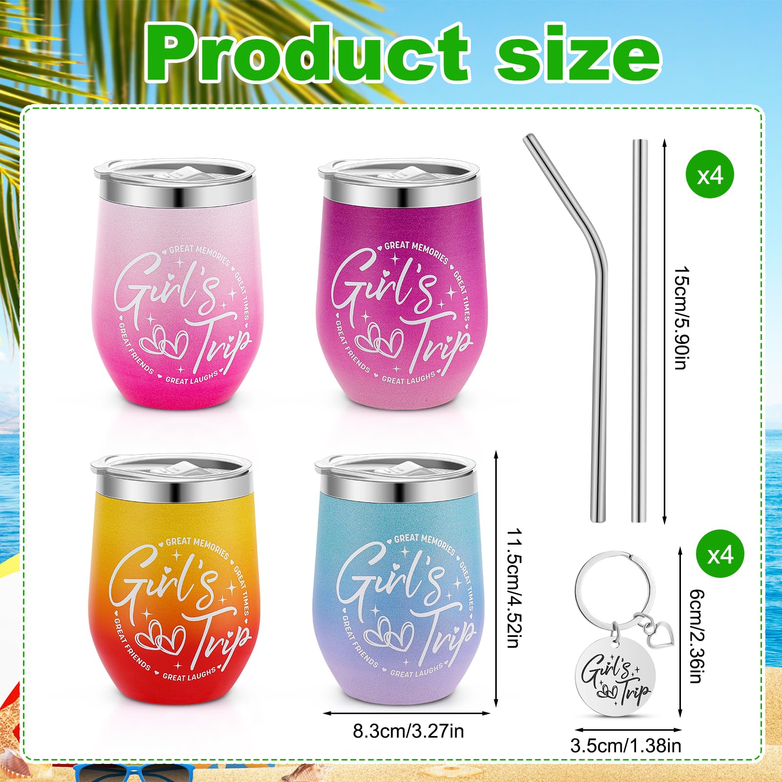 4 Pack Girl's Trip Tumbler Set with Lids 12 Oz Stainless Steel Travel Wine Tumbler for Girls Women Friendship Travel Weekend Trip Vacation Bachelorette Party Camping Gifts