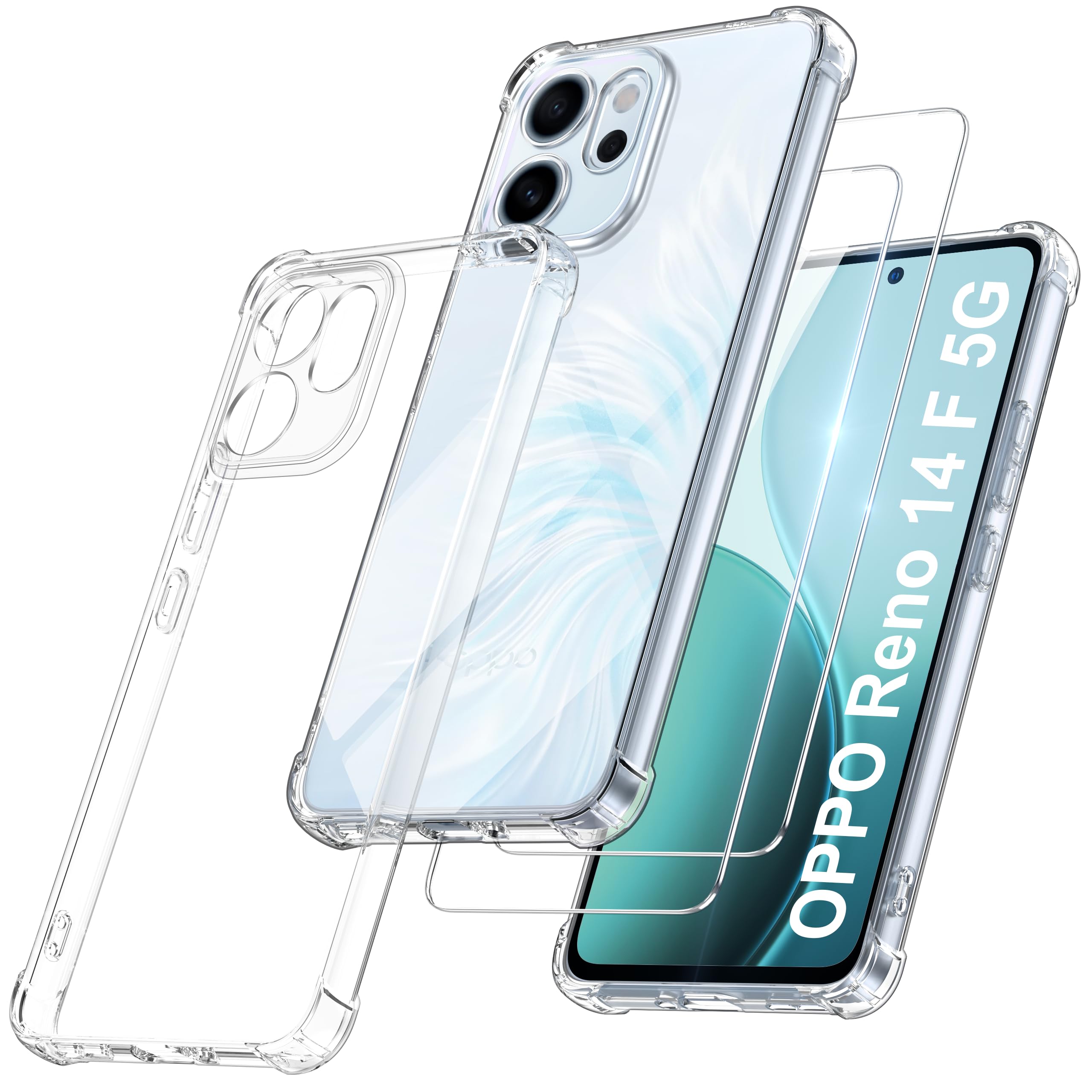 FLLAO Cover Compatibile con OPPO Reno 14 F (4G / 5G) / OPPO Reno 14 FS 5G con 2 Vetro Temperato [Protezione Fotocamera] Anti Ingiallimento Antiurto Silicona TPU Morbido Custodia - Trasparente