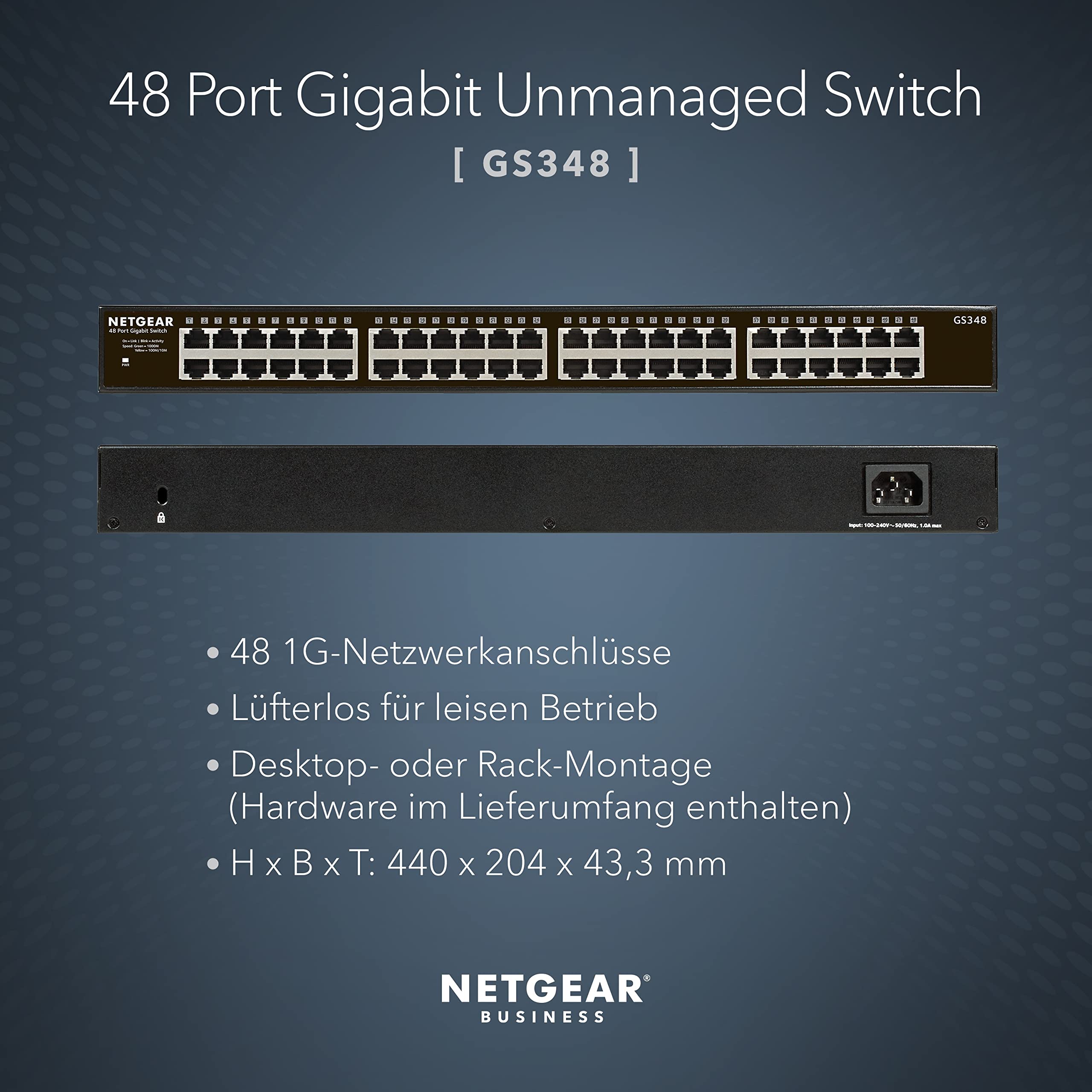 Netgear GS348 Switch 48 Port Switch Gigabit Ethernet (LAN Switch für Desktop- oder Rack-Montage, Plug-and-Play, energieeffizient, lüfterloses Gehäuse für leisen Betrieb), schwarz