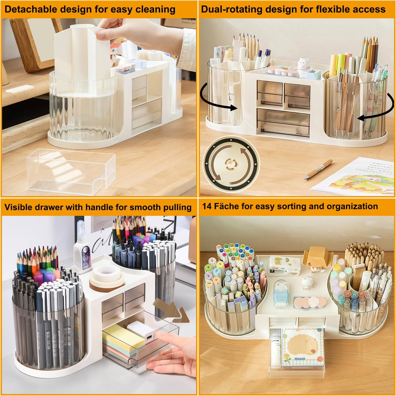 Portapenne da scrivania girevole a 360°Portamatite da Scrivania con 14 scomparti Organizer Scrivania Grande Capacità Porta Penne Rotante per Matite Pastelli Scuola Casa Ufficio (Beige)
