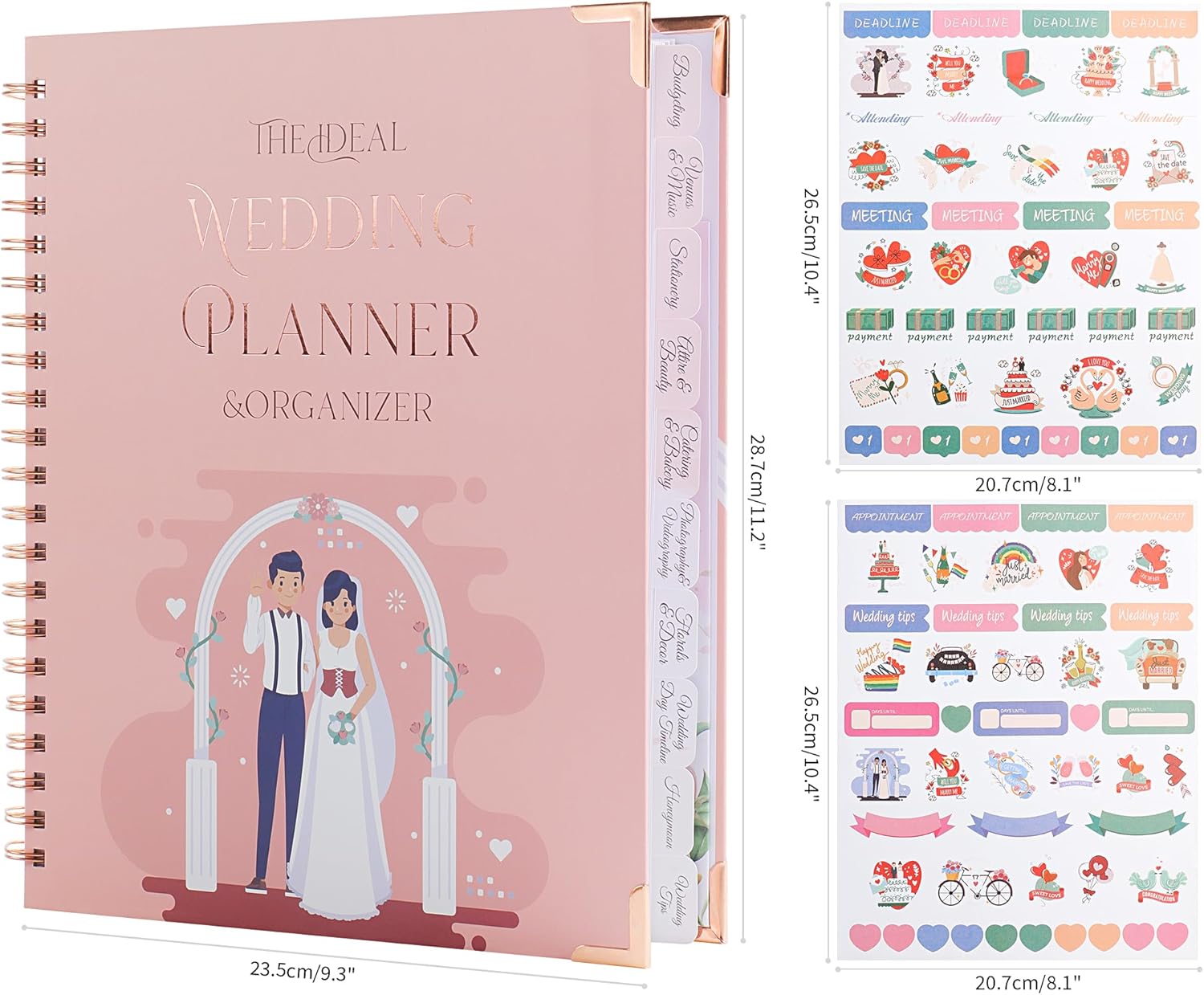JUNART Beautiful Wedding Planner and Organizer, 11.2"×9.3" Detailed Pink Wedding Planner with Stickers, Engagement Gifts for Newly Engaged Couples, Bride and Groom