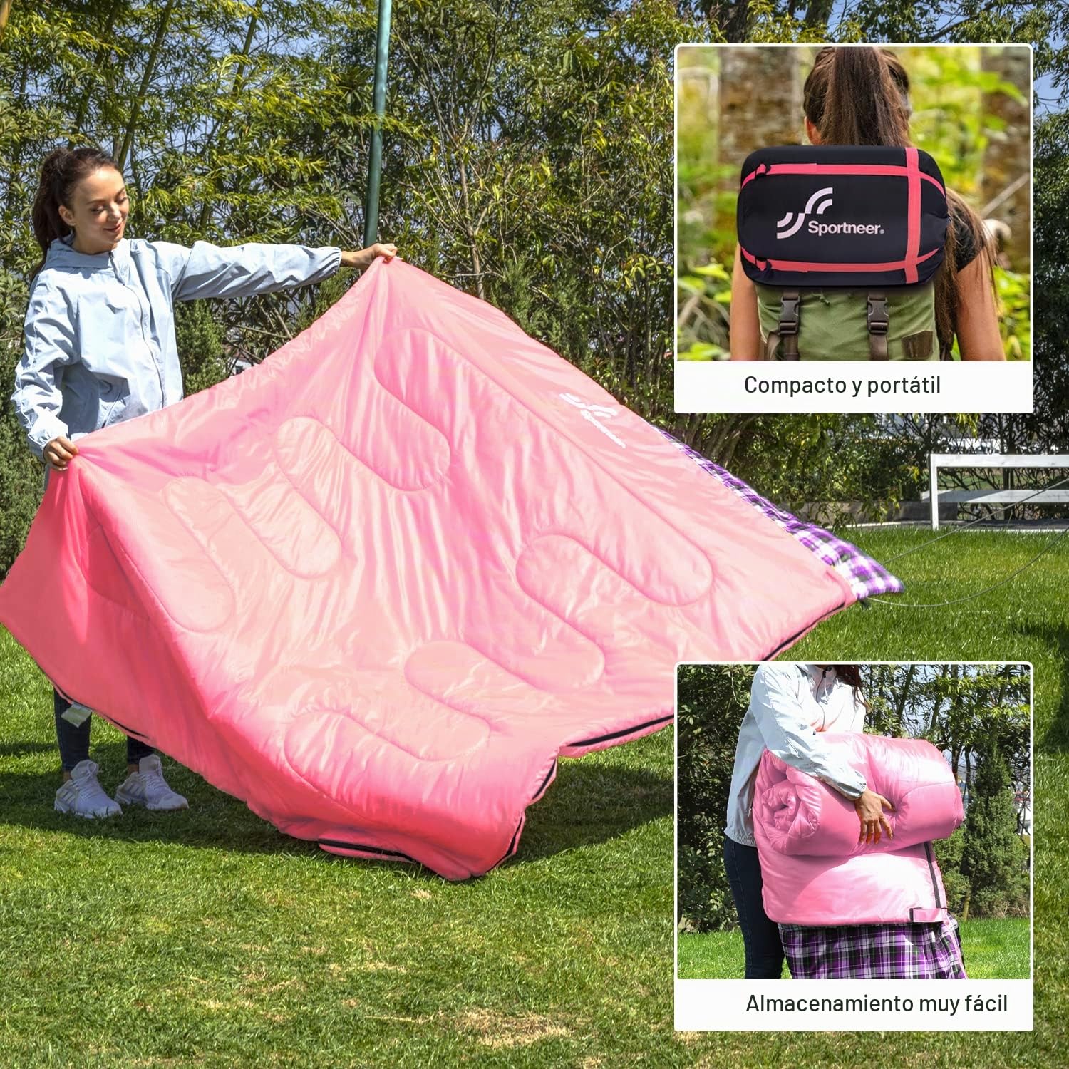 Sportneer - Saco de Dormir Doble para Exteriores, 2 Personas, 3 Estaciones, 220 x 150 cm, 2,75 kg con 2 Almohadas, Cuatro Cremalleras Dobles, para Adultos