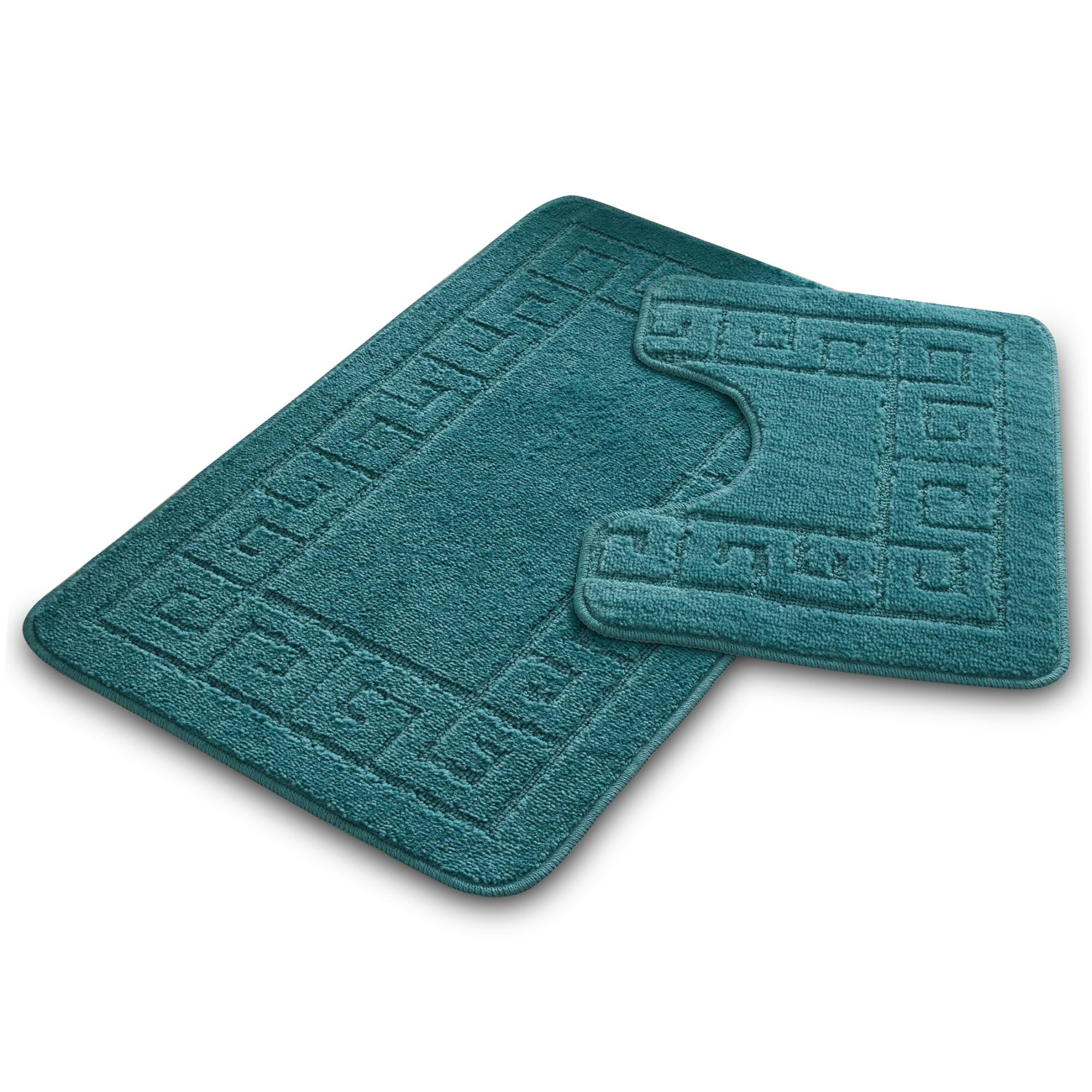 VELVETIO Bath Mat Set 2 Piece Machine Washable for Bathroom, Jacquard Greek Non Slip Quick Dry Shower Rugs & Bathtub Mats, Highly Water Absorbent 100% Polypropylene Toilet Rug Sets, Dark Teal