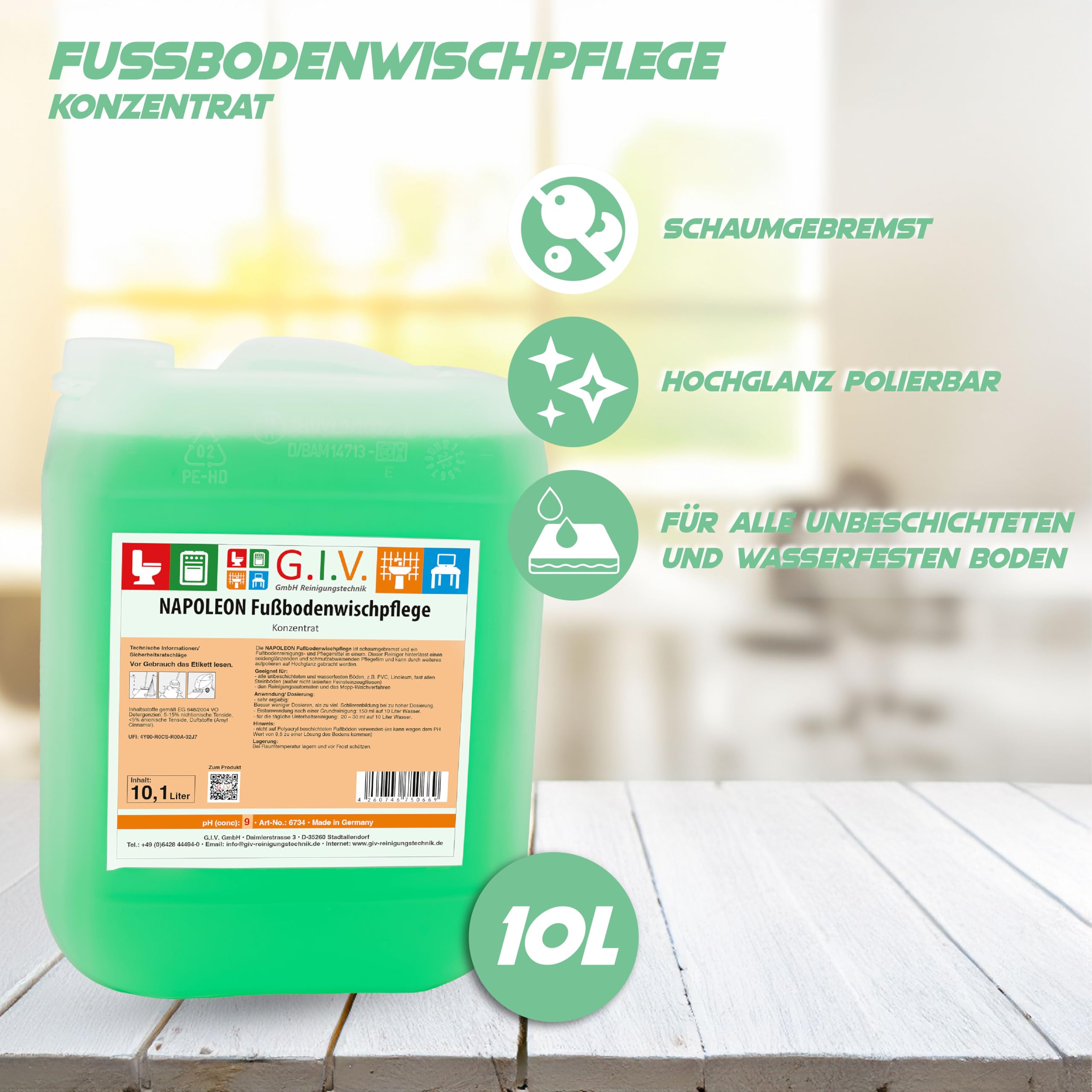 Fußbodenwischpflege 10,1 L Kanister - Fußbodenreiniger & Pflegemittel - Bodenreiniger für - wasserfeste Böden, seidenglänzender Pflegefilm - für Mopp & Maschinenreinigung