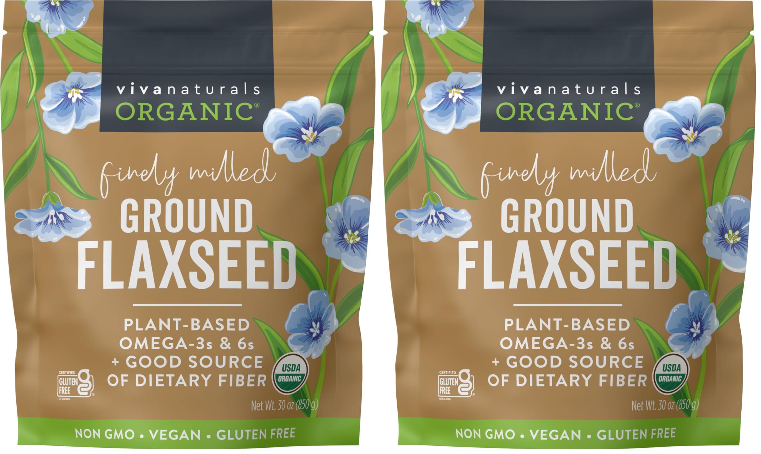 Viva Naturals Organic Ground Flaxseed,30 oz (850 g) – Plant-Based Protein,Vegan Omega-3 &amp; Fiber,Finely Milled Flax Seeds,Perfect for Smoothies &amp; Baking,(Pack of 2)
