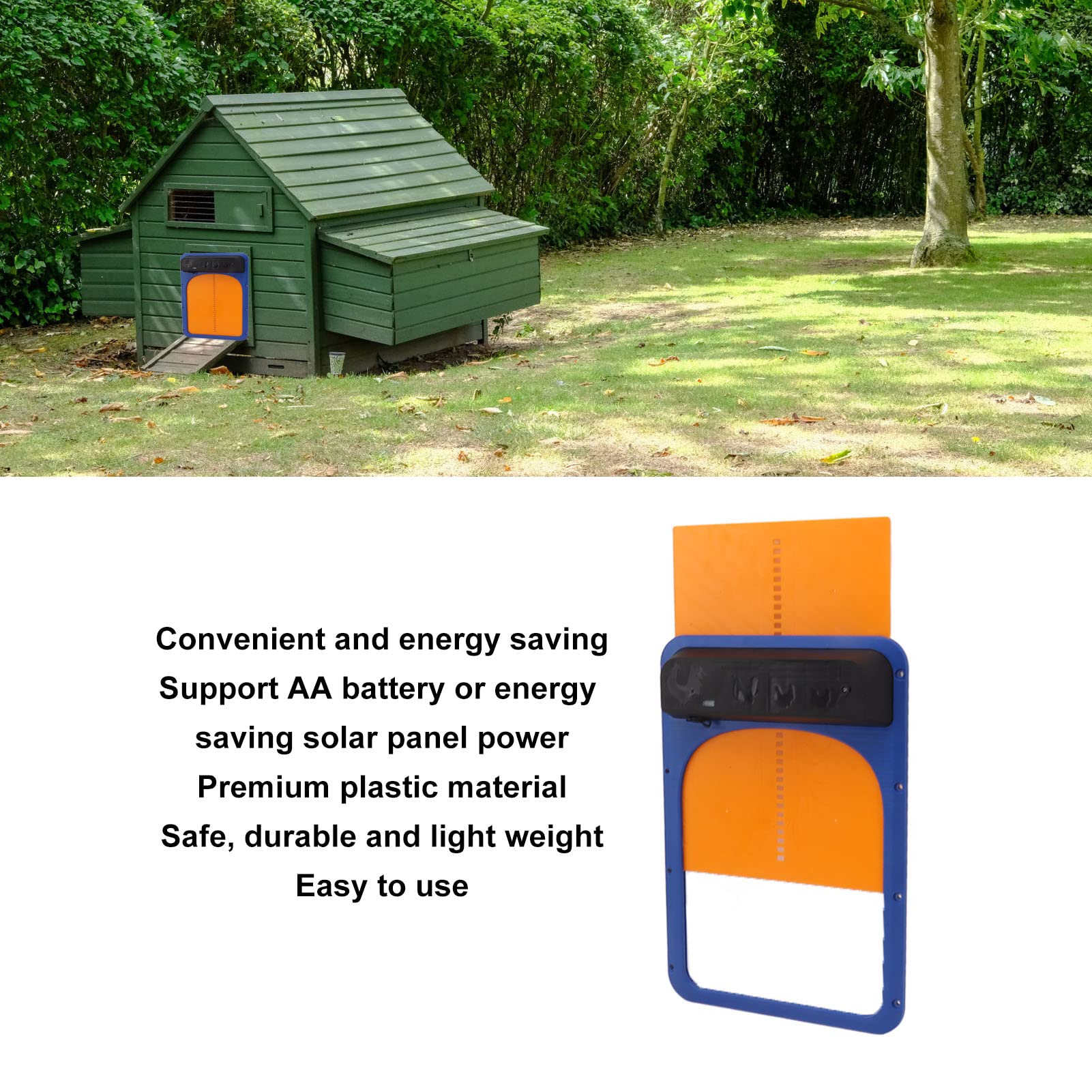Puerta automática de gallinero con energía solar, abridor automático de puerta de pollo con sensor de luz y panel solar, puerta automática de gallinero con pilas para aves de corral (azul amarillo)