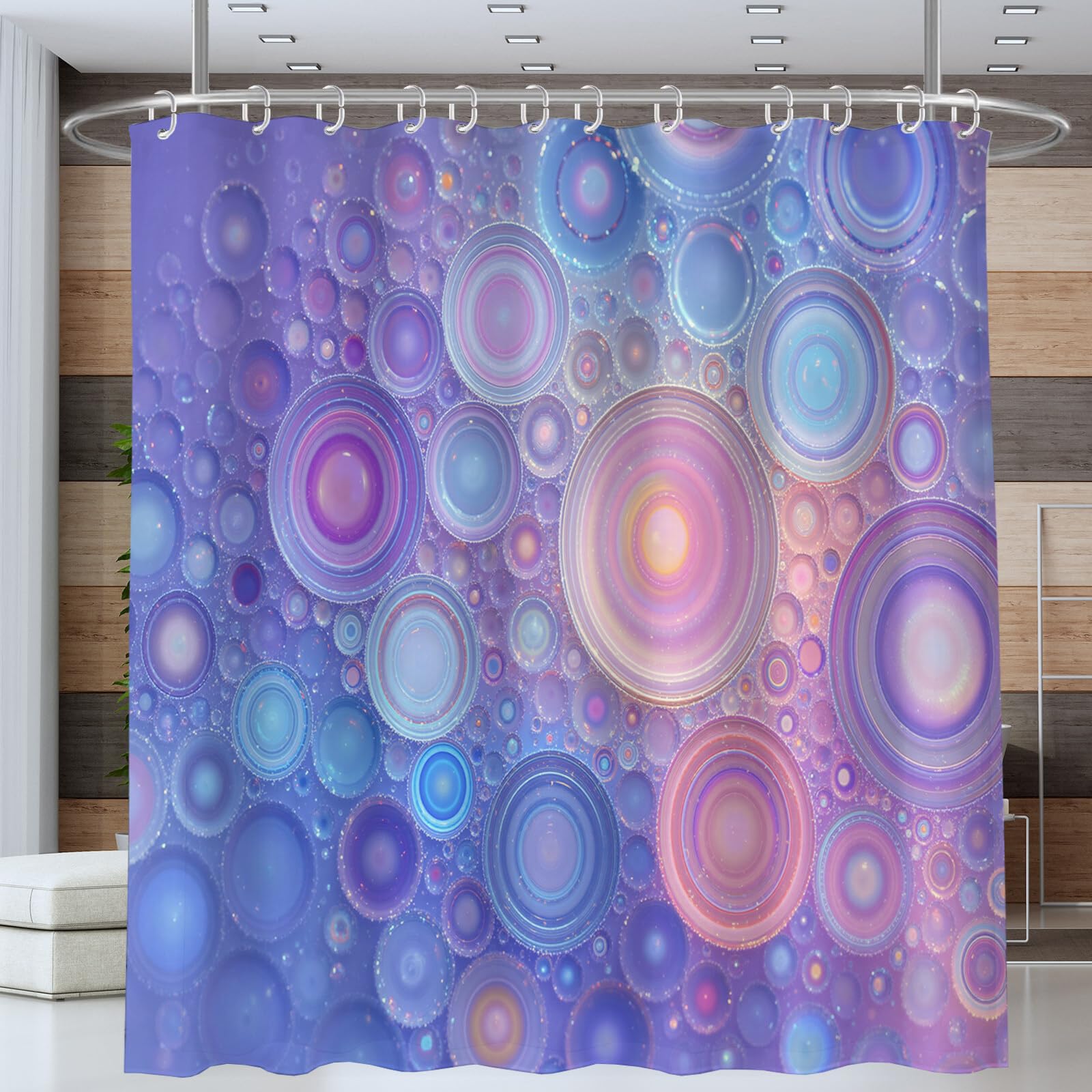 Rideau De Douche Cercle Dégradé Abstrait Moderne Tissu Imperméable Lavable avec Crochets Anti Moisissure en Polyester Rideau Douche pour Salle De Bain