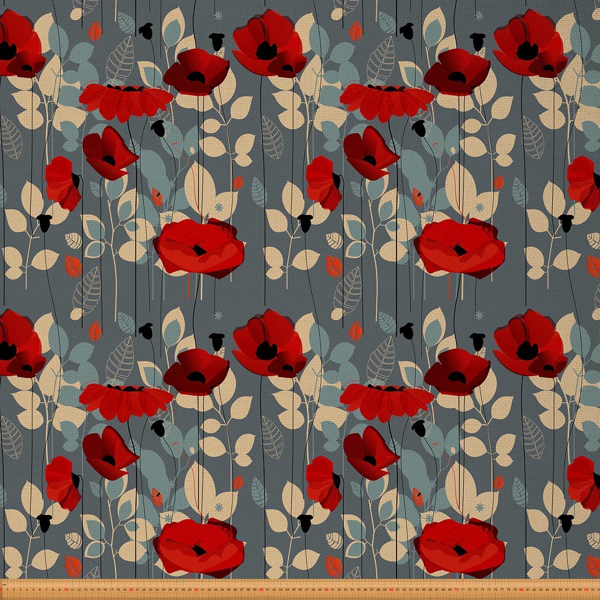Poppy Flower Upholstery Fabric by The Yard,Garden Floral Bltanical Outdoor Fabric by The Yard,Red Poppy Leaves Fabric for Upholstery Chair and Home DIY Projects,10 Yards,(L920*W150cm) Beige Grey — image 1