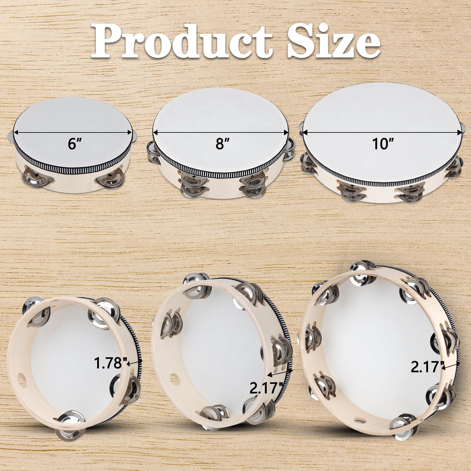 Pandereta de percusión de mano de madera con bolsa de almacenamiento, 6+8+10 pulgadas, ideal para iglesia, boda, fiesta, baile, sesión de fotos