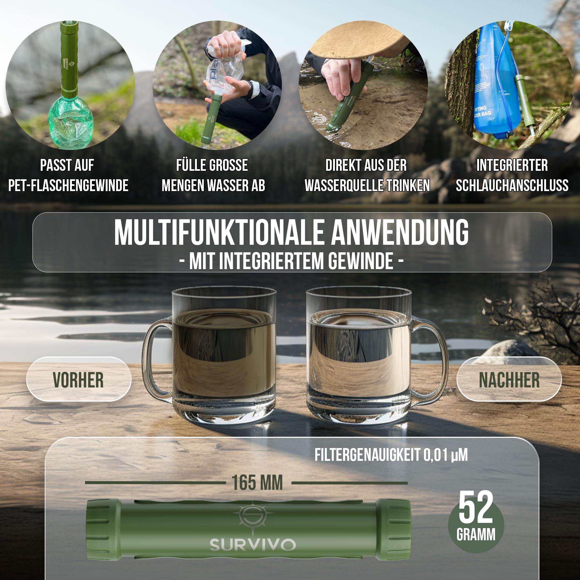 SURVIVO® Wasserfilter Outdoor Flasche [660ml] Trinkflasche aus Edelstahl mit entnehmbarem Filter, 4000l Filterkapazität, Camping, Wandern, Survival, Reisen – sicherste Ergänzung zur Outdoor Ausrüstung