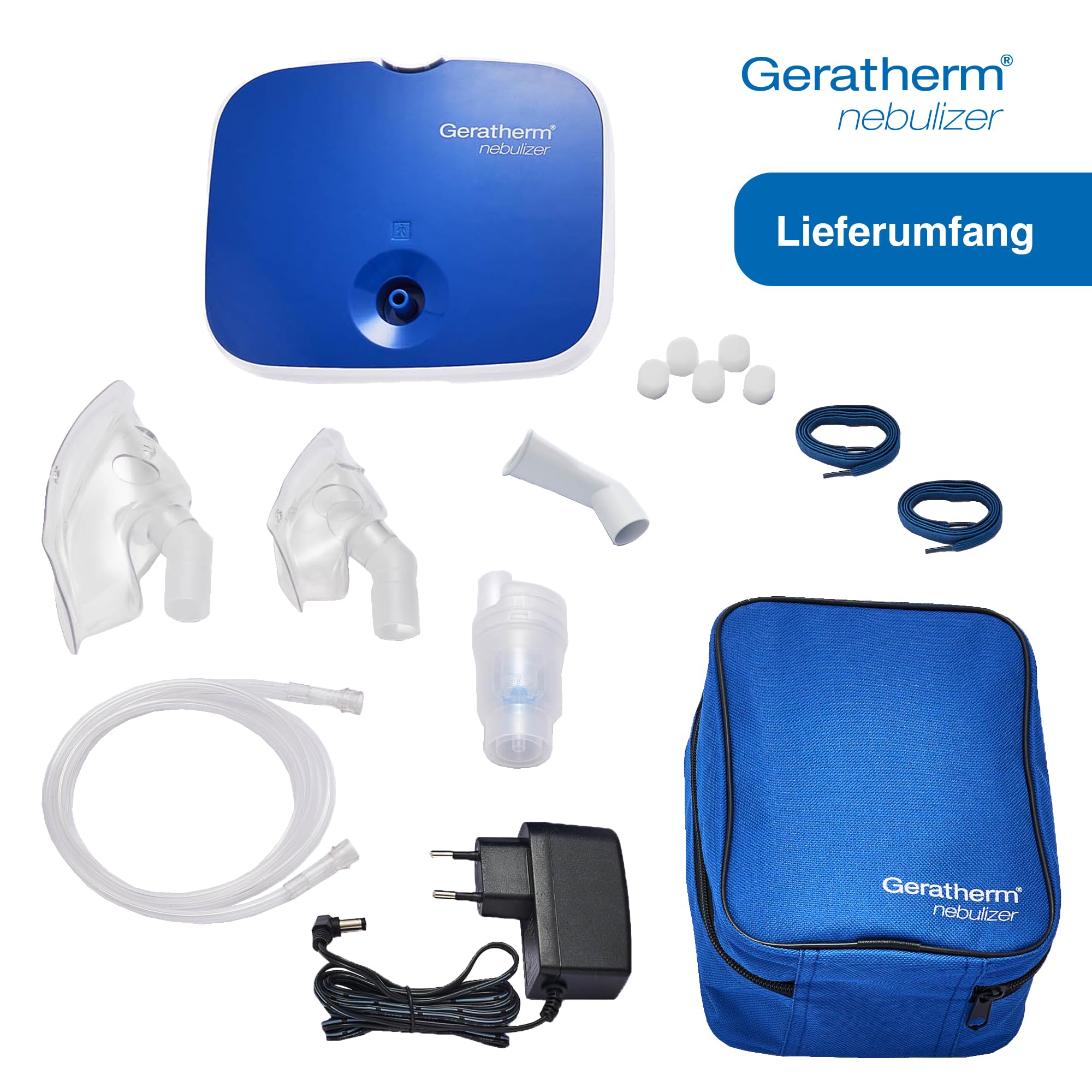 Geratherm nebulizer Kompressor-Inhalationsgerät für Kinder und Erwachsene | Leiser Betrieb ≤ 60 dB: Partikelgröße 1–5 μm für die tiefen Atemwege, inkl. Masken, Schlauch und 5 Filtern