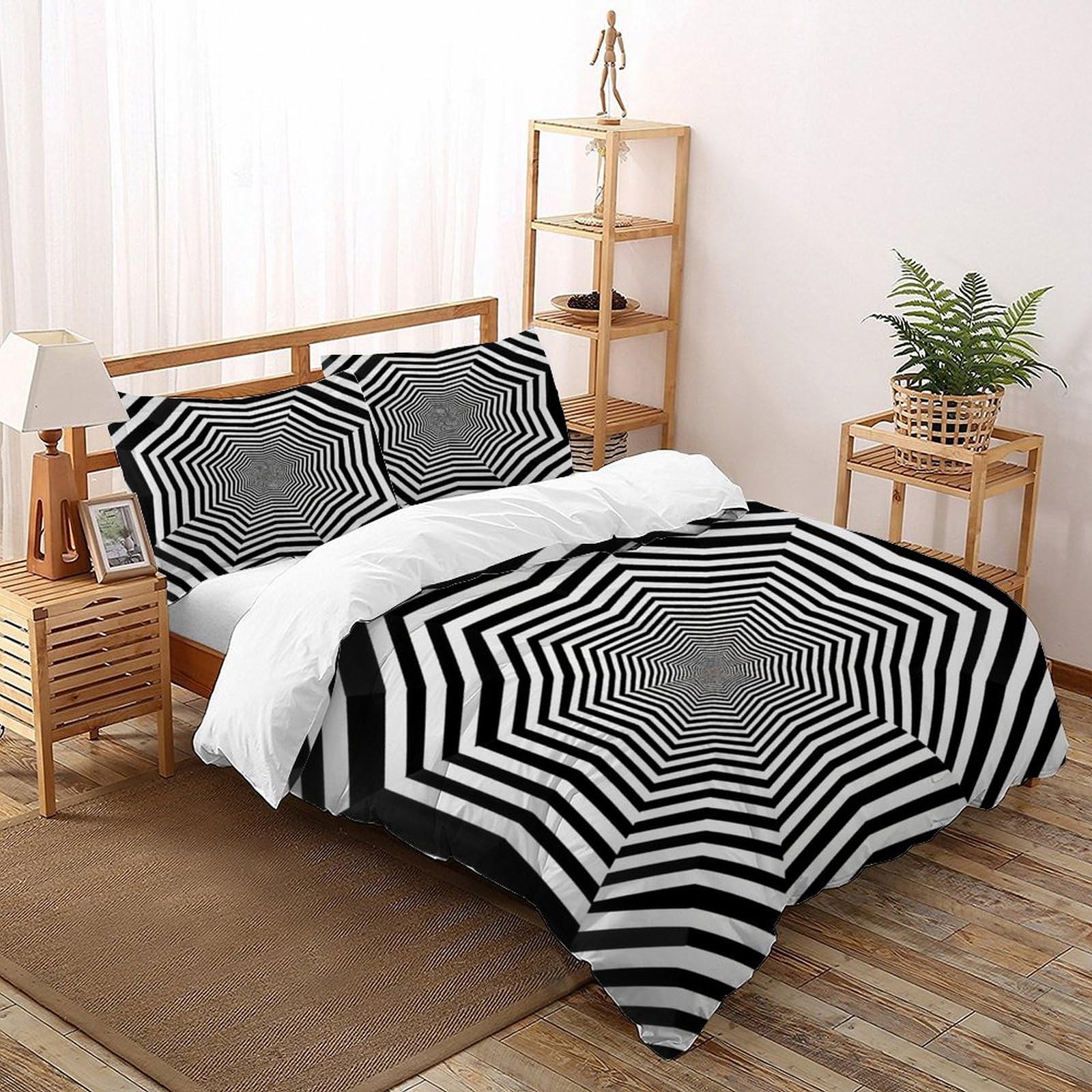 Housse de couette black and white stripe 200x200 parure lit microfibre avec 2 taies d'oreiller
