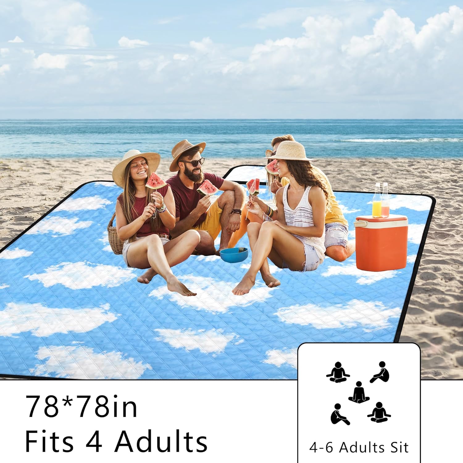 Picnic Blankets, 79''x79'' Extra Large Beach Blanket Waterproof Sandproof, Foldable & Portable Outdoor Mat 3-Layer Beach Blanket for Family Camping, Park, Travel, Backyard, Grass Lawn-Clouds - Image 6