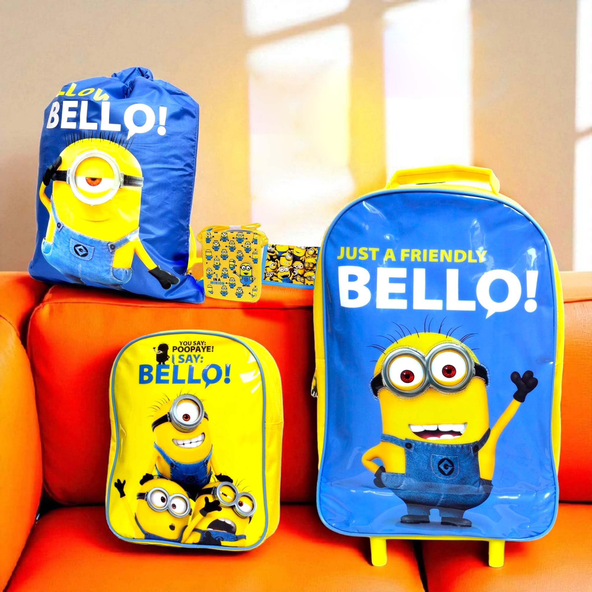 Minions - Set di 5 valigie per bambini, bagaglio da viaggio di alta qualità, borsa da palestra, borsa a tracolla