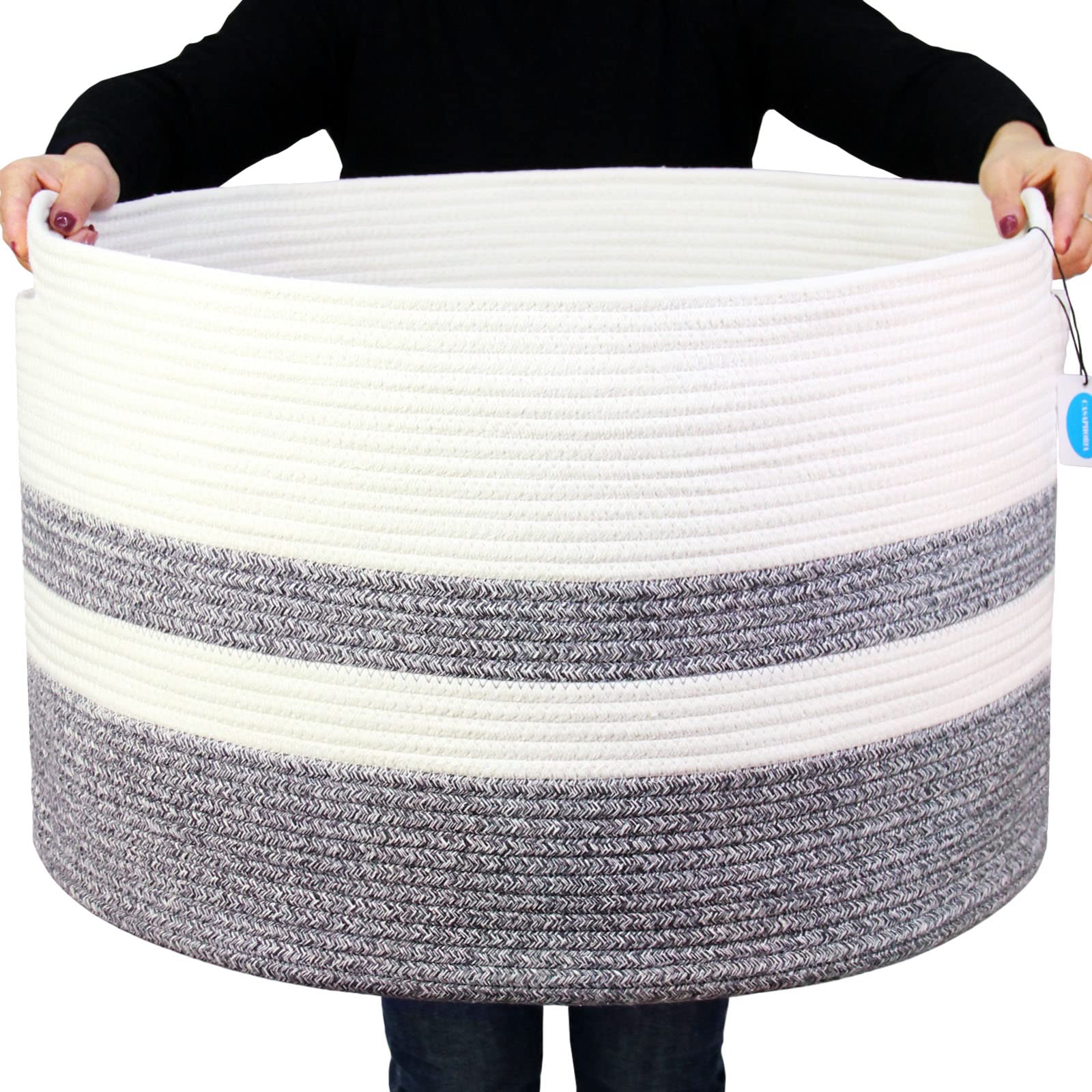 Casaphoria XXXLarge Cotton Rope Basket for Living Room - Woven Storage Basket with Handle for Blankets, Towels and Pillows Laundry Hamper | White and Grey (22" x 22" x 14")