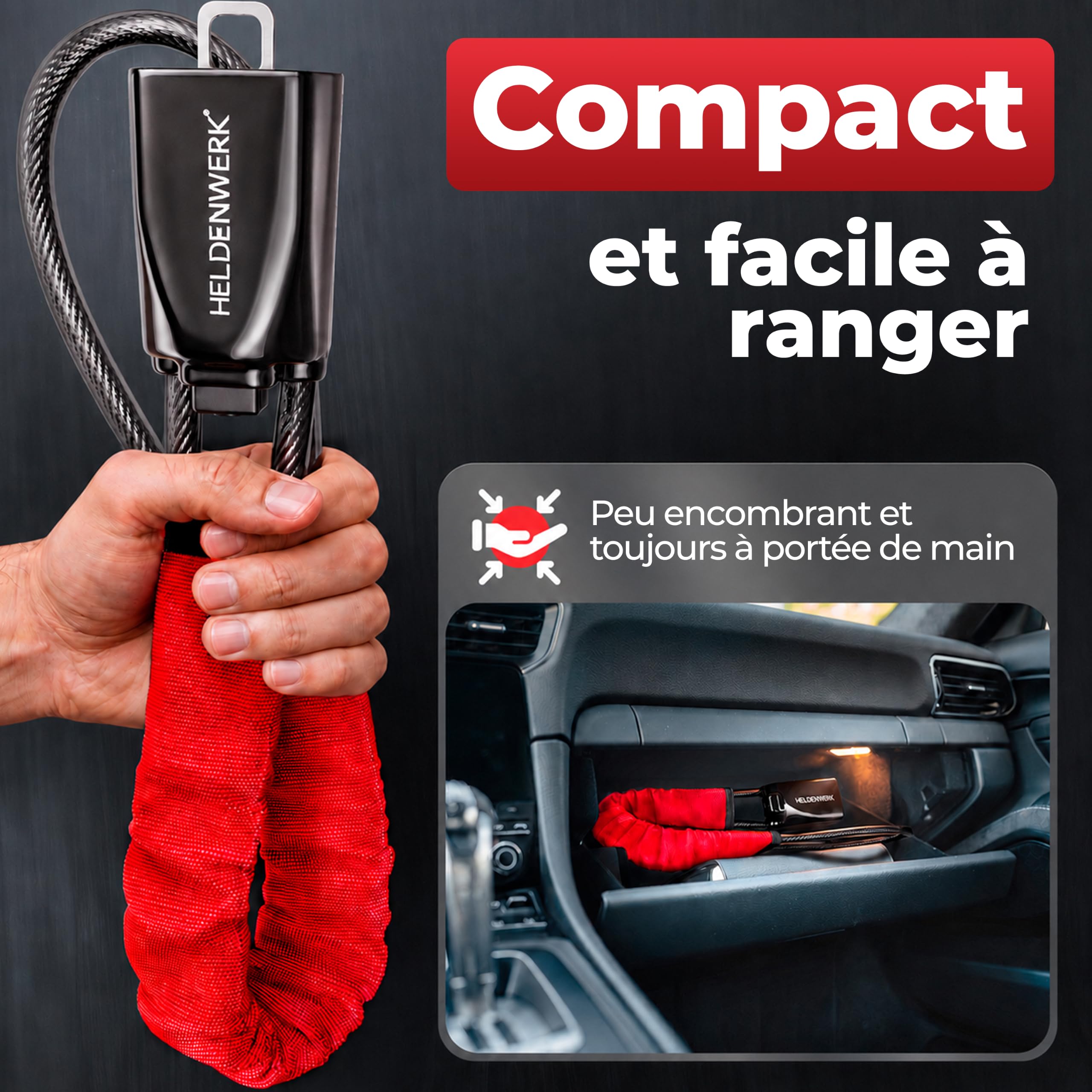 HELDENWERK® Antivol de volant pour voiture et camping-car - En métal - Ajustement universel - Antivol de volant avec câble en acier épais - Anti-démarrage - Avec 3 clés de sécurité - Rouge