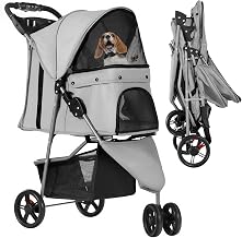 YITAHOME 15 kg Foldable Dog Stroller, Cat Stroller with 3 Wheels, Mesh Windows, Cup Holder, and Brakes, Suitable for Medium-Sized Light Gray