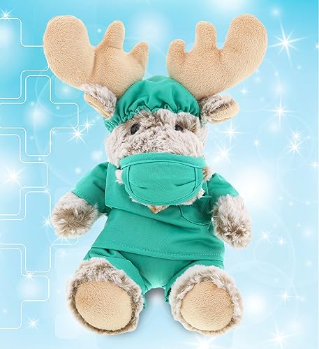 Miniatura 6 de DolliBu Juguete de peluche de doctor de alces sentados, disfraz de animal de peluche súper suave con bonito uniforme médico y traje de gorra, regalo