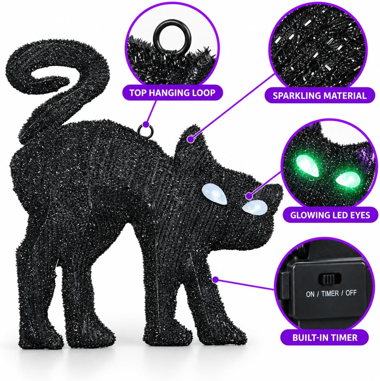 Halloween Lighted Hanging Black Cat Decorations Indoor, Spooky Glowing Purple LED Window Decor with Auto-Timer, Halloween Sparkling Tinsel Cat with Hooks for Front Porch Door Fireplace Tree