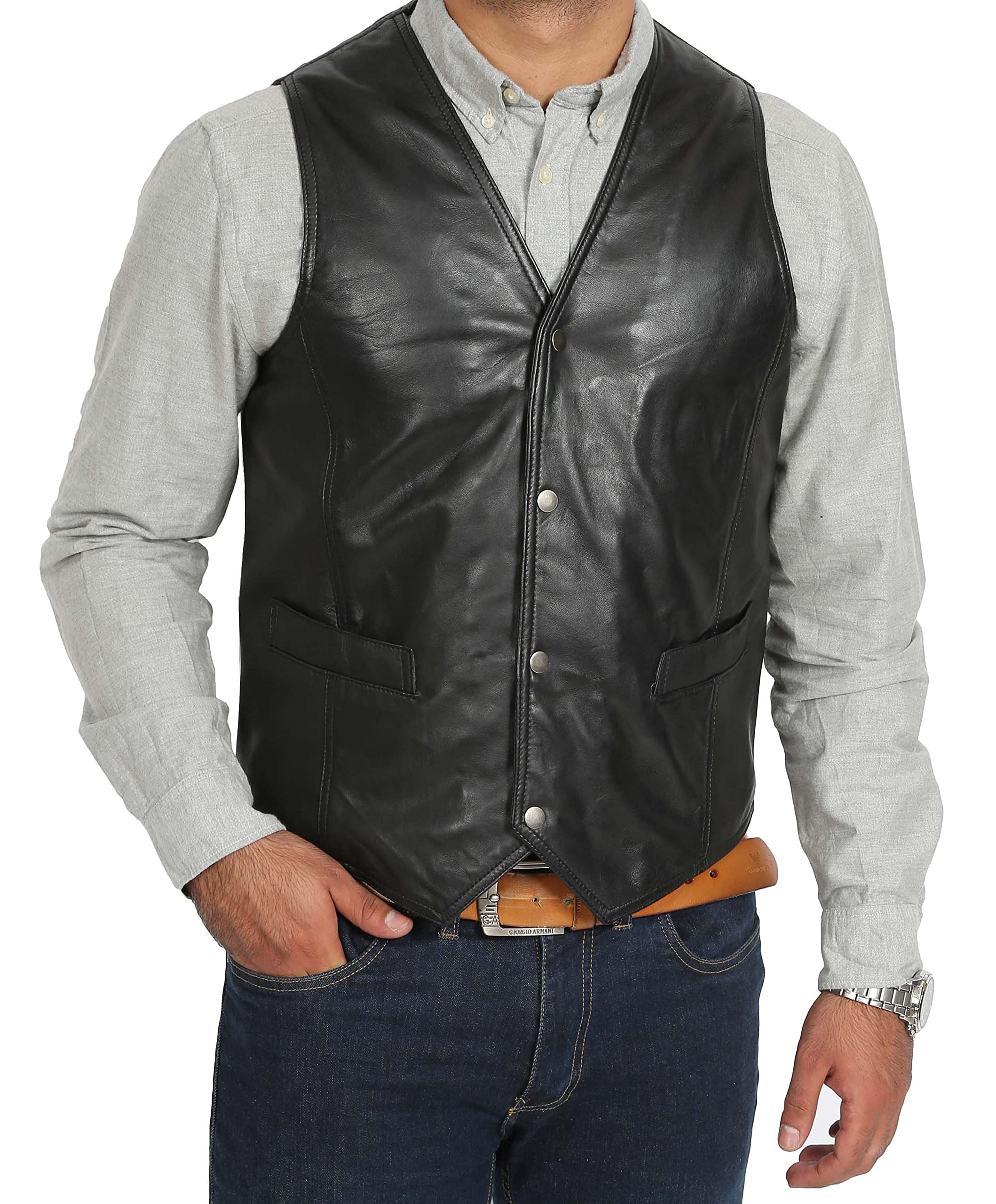 House of Leather Men's Real Leather Waistcoat Vest - Black - 3XL