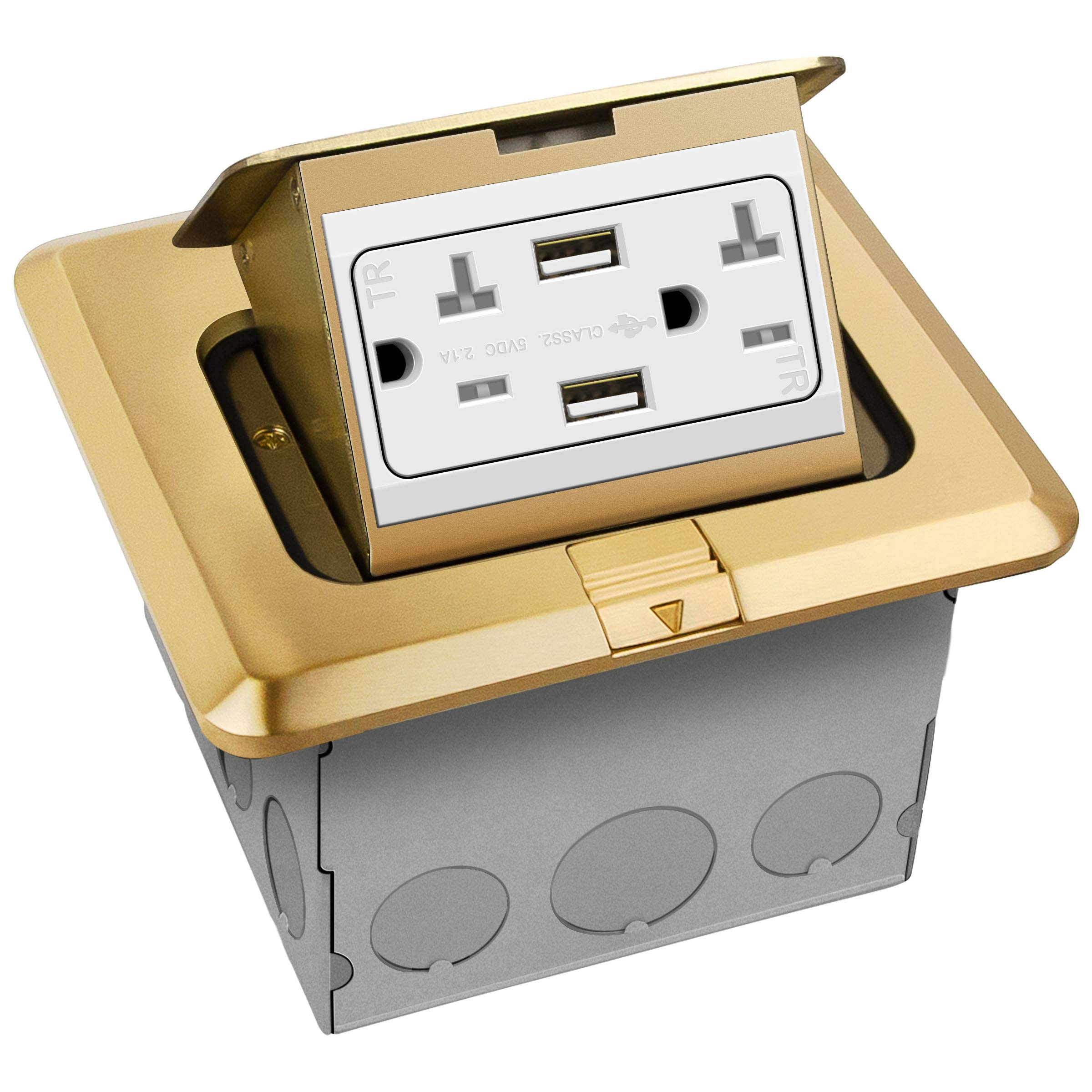 ENERLITES Pop-Up Square Floor Box Kit, 5.46” x 4.75”, 2.1A USB Charging, 20A Tamper-Resistant Receptacle, Watertight Gasket and Corrosive Resistant