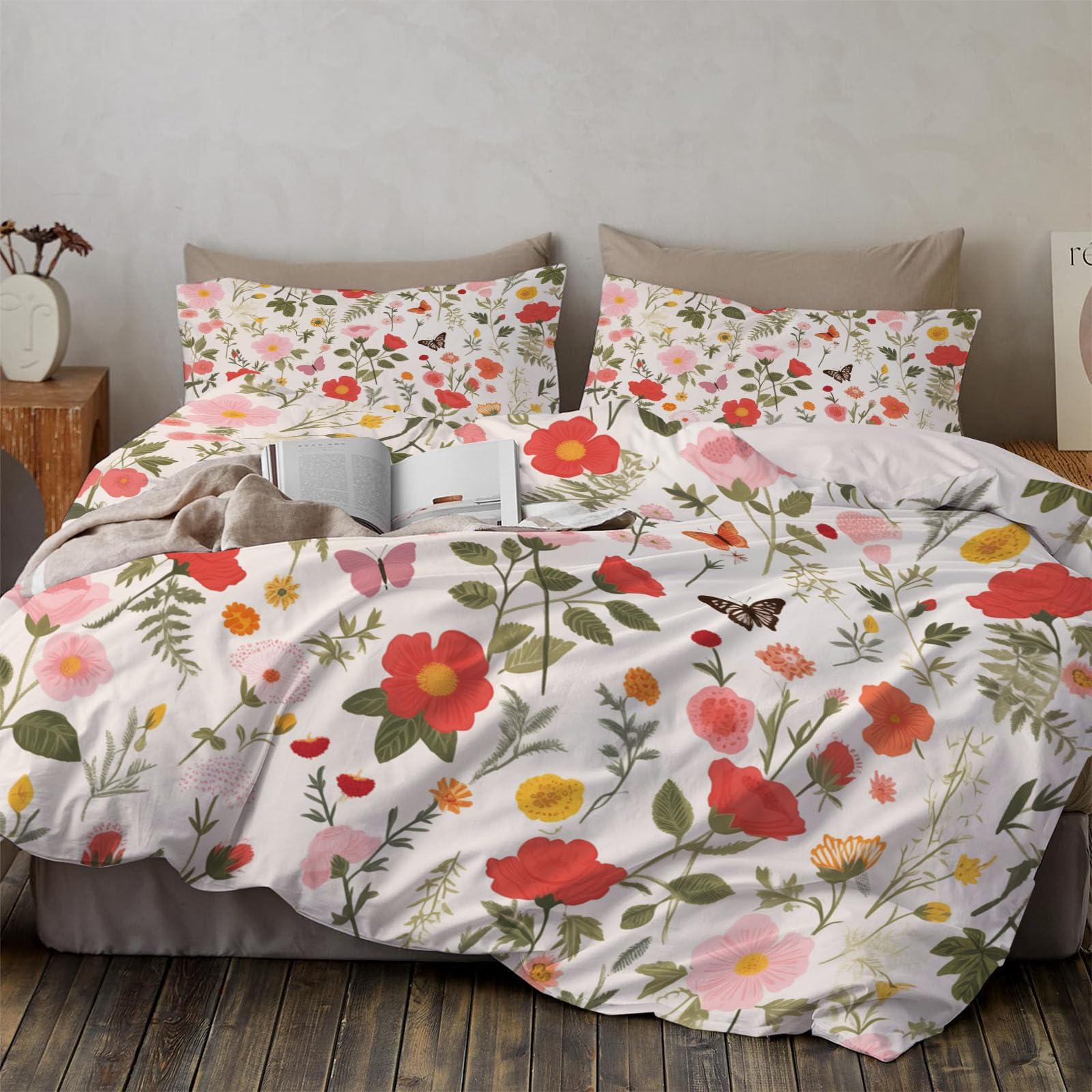 Juego de Cama Reversible Rosa Silvestre, Nórdica Estampada Edredón Vintage Floral, Beige Juego de Funda de 150x220cm 2 con 2 Fundas de Almohada para Cama de Matrimonio
