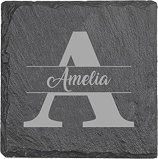 PB TECH Personalised Engraved Square Slate Coaster, Personalised Coaster Stylish Initial with Name, Customised Gift for Valentine’s, Birthday, Christmas Day for Mom, Dad, Kids, Friends or Girl