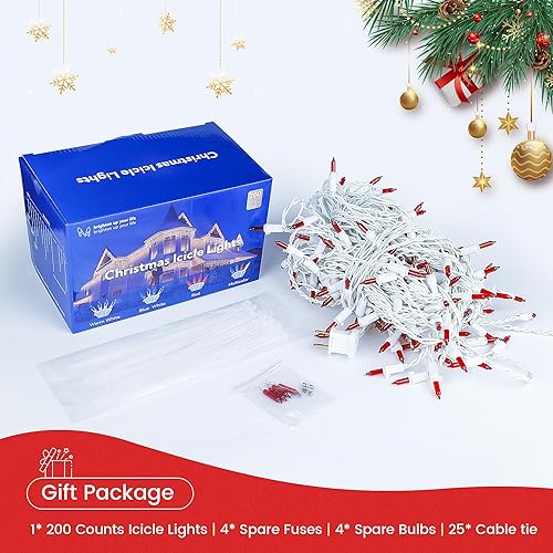 Miniatura 7 de BEEWIN 200 luces rojas de carámbano de 23 pies, cable blanco, mini luces enchufables con 40 gotas, cortina colgante de luces de hadas conectables