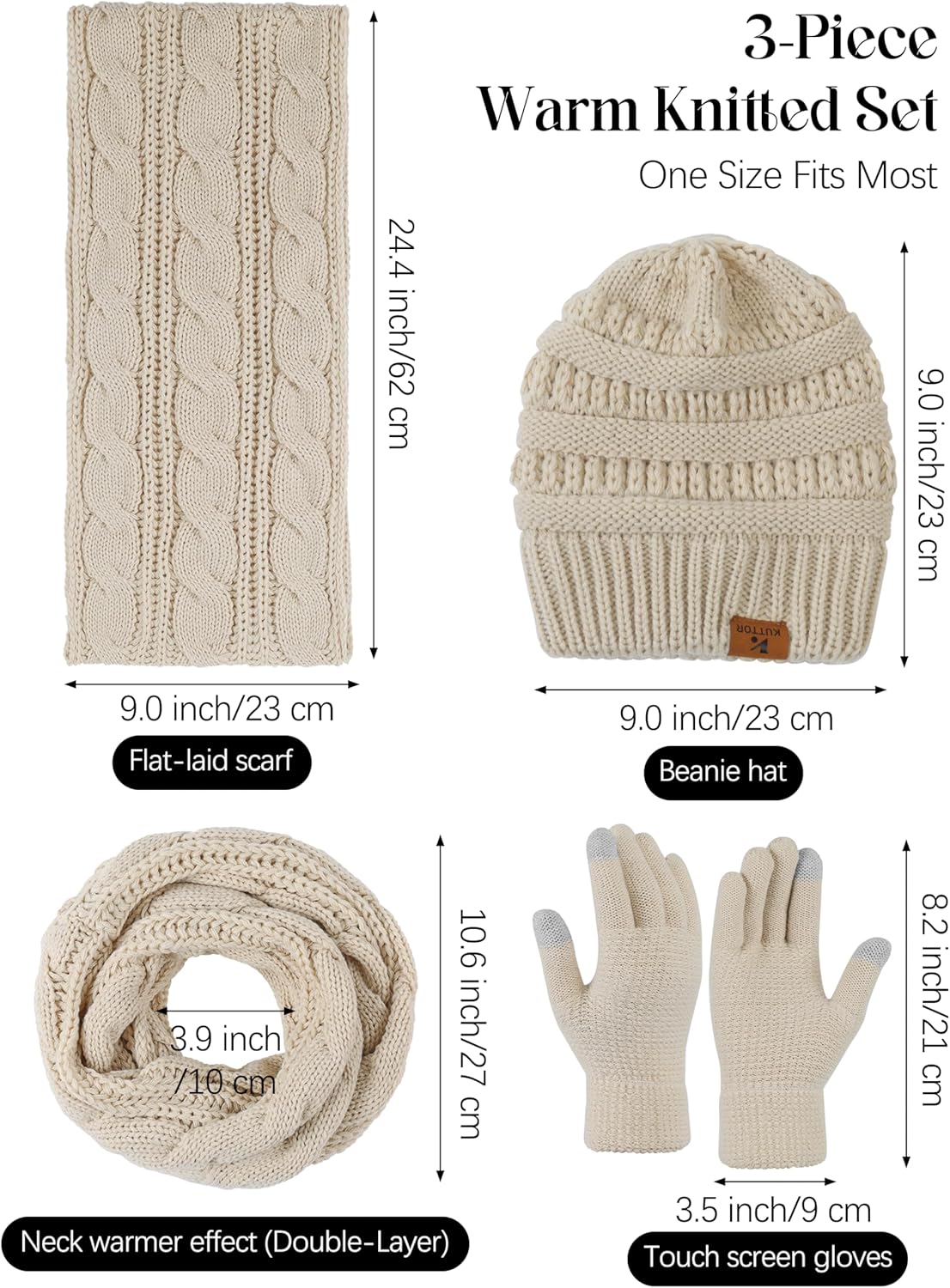 Winter Beanie Hat Scarf Gloves Set Warm Knit Fleece Touchscreen Gloves Neck Scarf Set Adult Winter Gift for Men Women - Image 2