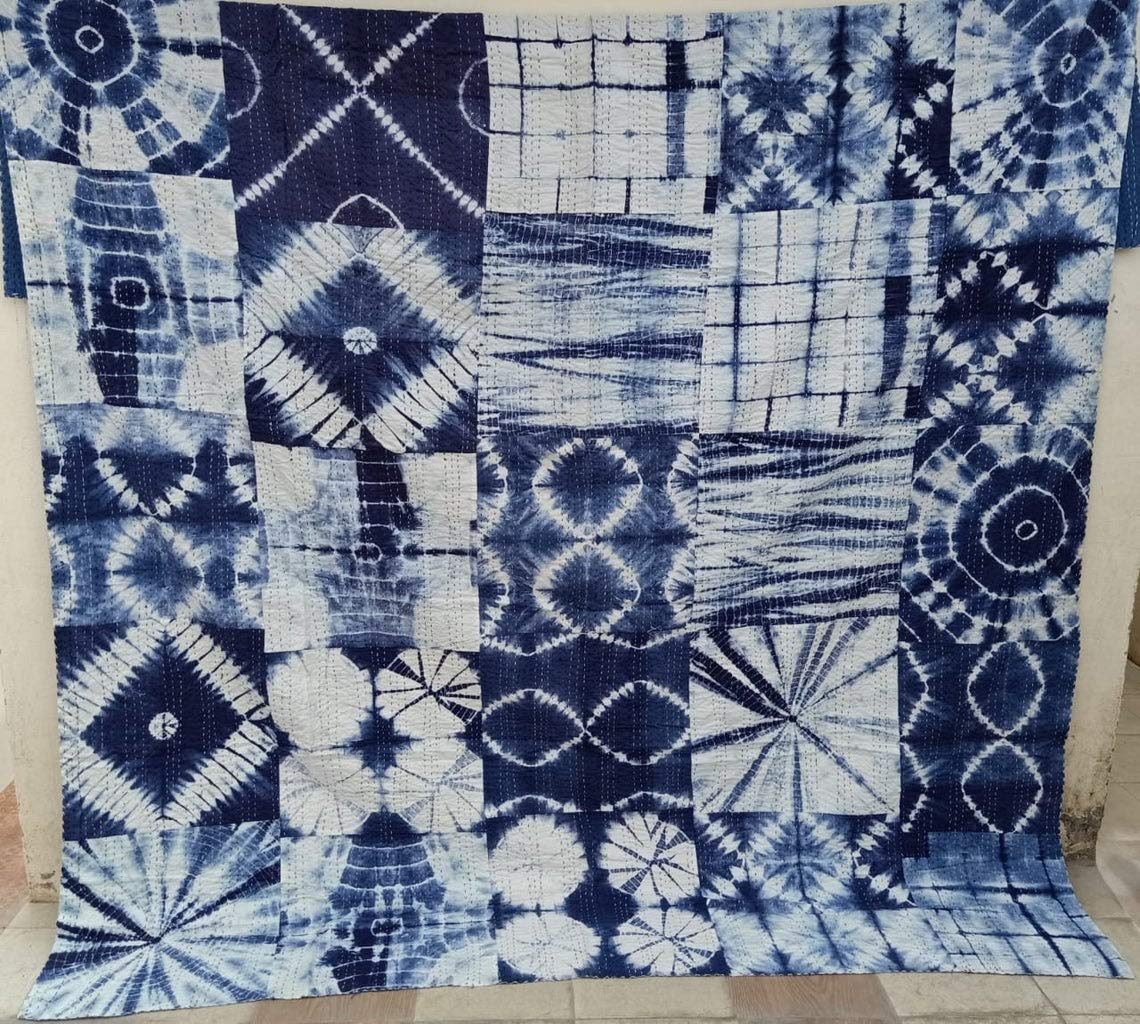 Couette Shibori Kantha en coton de Jaipur couvre-lit artisanal fait main 230x274cm