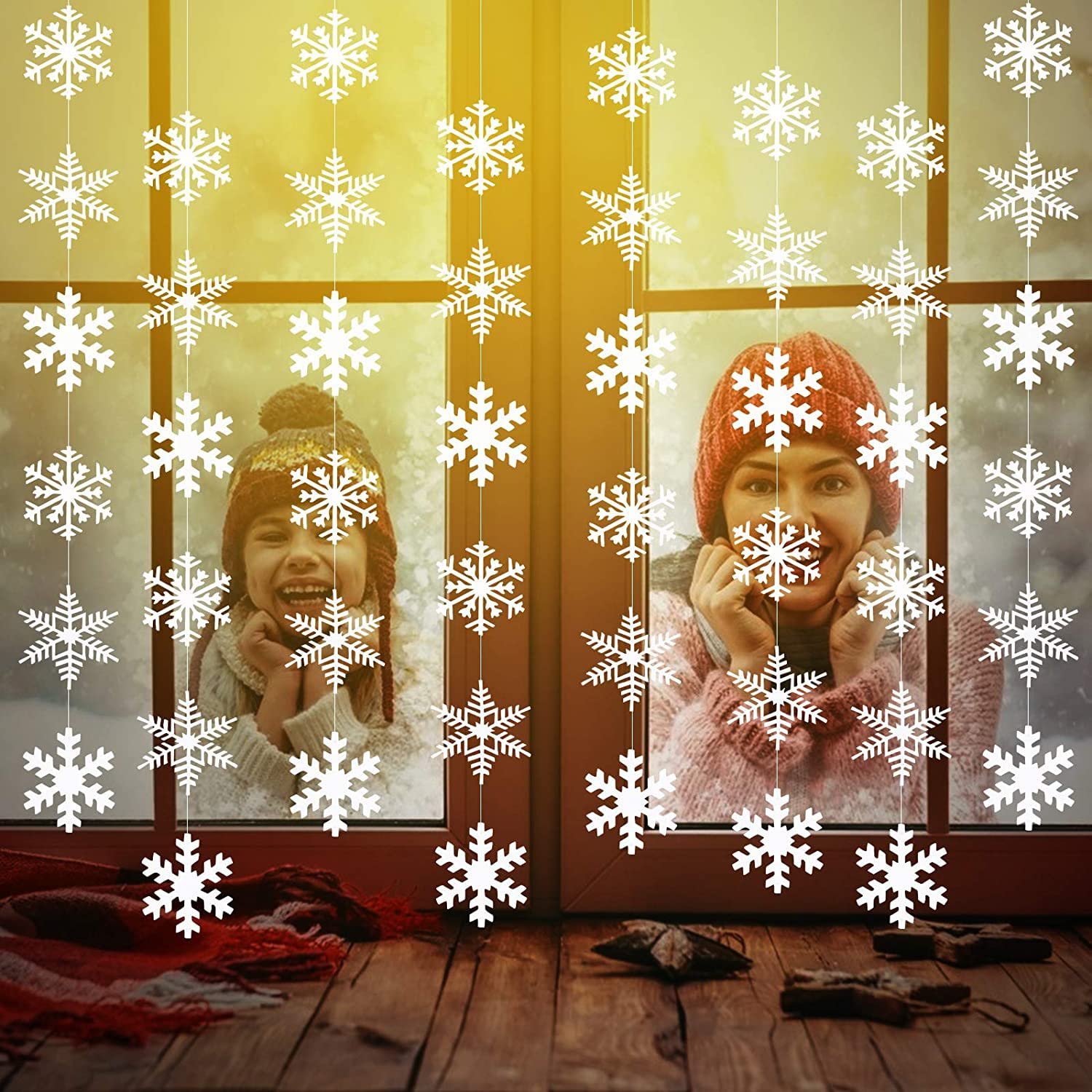 Adorno Hillylolly 6 Pcs Guirnalda Copos de Nieve, 1.9 m, Decoracion Copos Nieve Navidad, Papel, para Techo Árboles Ventana Pared