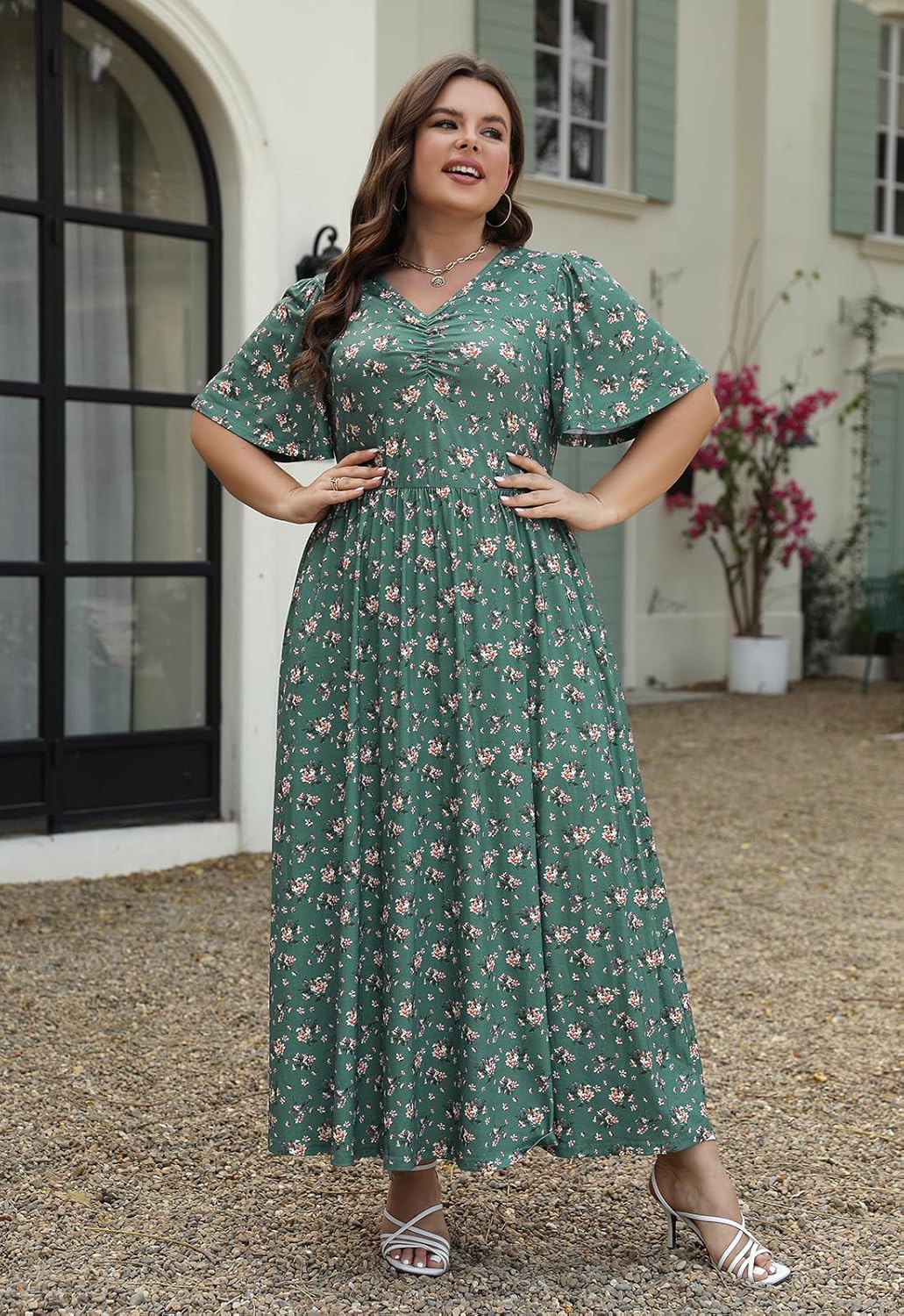 Keluummi Plus Size Wedding Guest Maxi Dresses for Curvy Women, Summer Floral 3/4 Sleeve Long Party Dresses with Pockets - Image 2