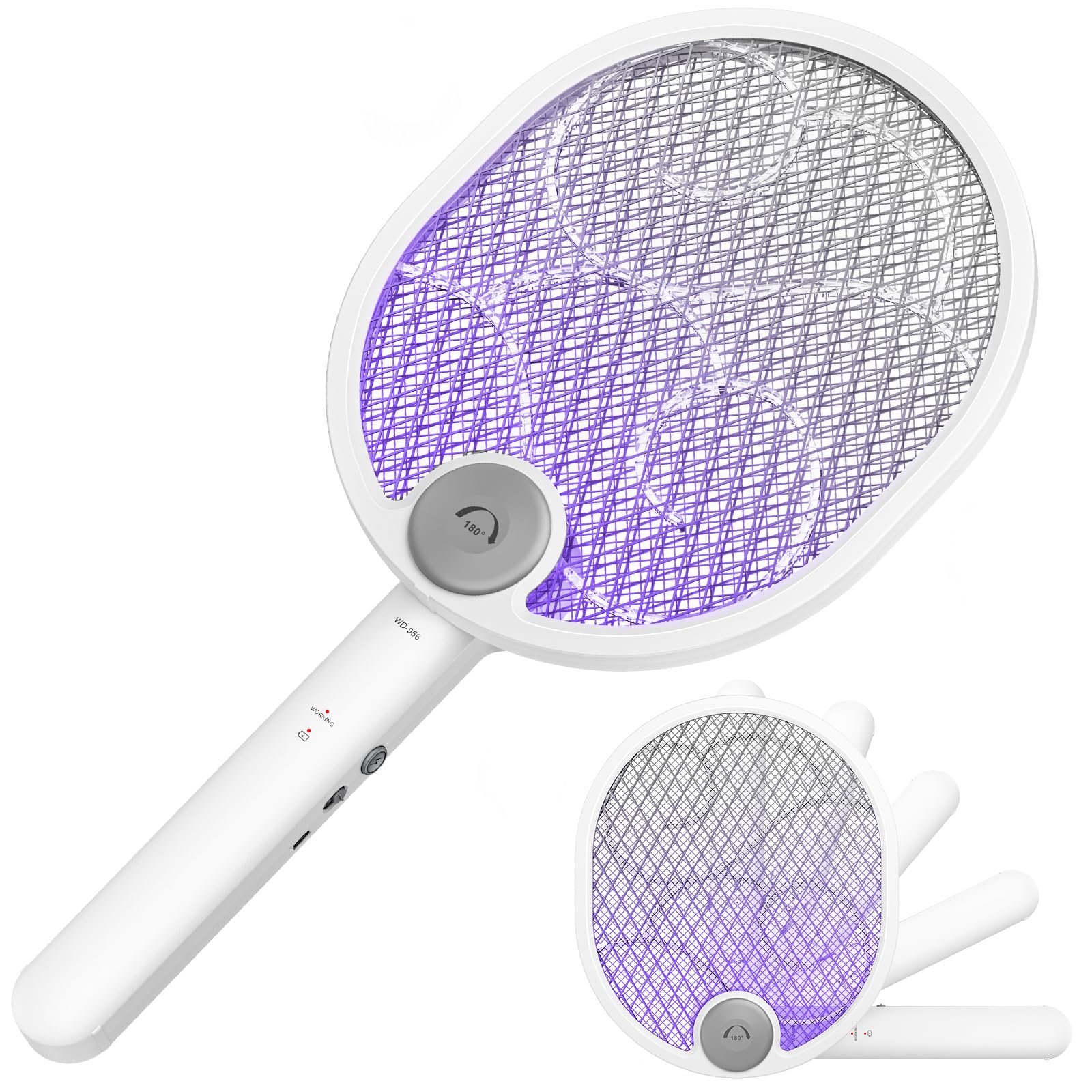 WOCVRYY Racchetta Zanzare Elettrica Pieghevole 4000V 1800mAh 3 in 1 Scacciamosche Elettrico USB Ricaricabile Palette Schiacciamosche e Luce LED Adatto per Interni ed Esterni
